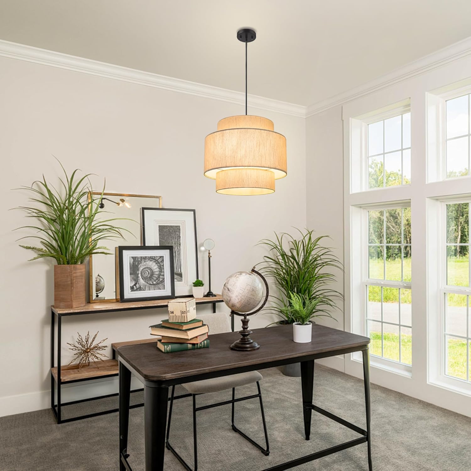 Pendant Lights with Beige Linen Drum Shade Chandelier Hanging Light Fixture 19.7" Pendant Lights Kitchen Island, Large Drum Pendant Light Fixtures 3-Tier Kitchen Chandelier for Entryway Living Room Drum Chandelier