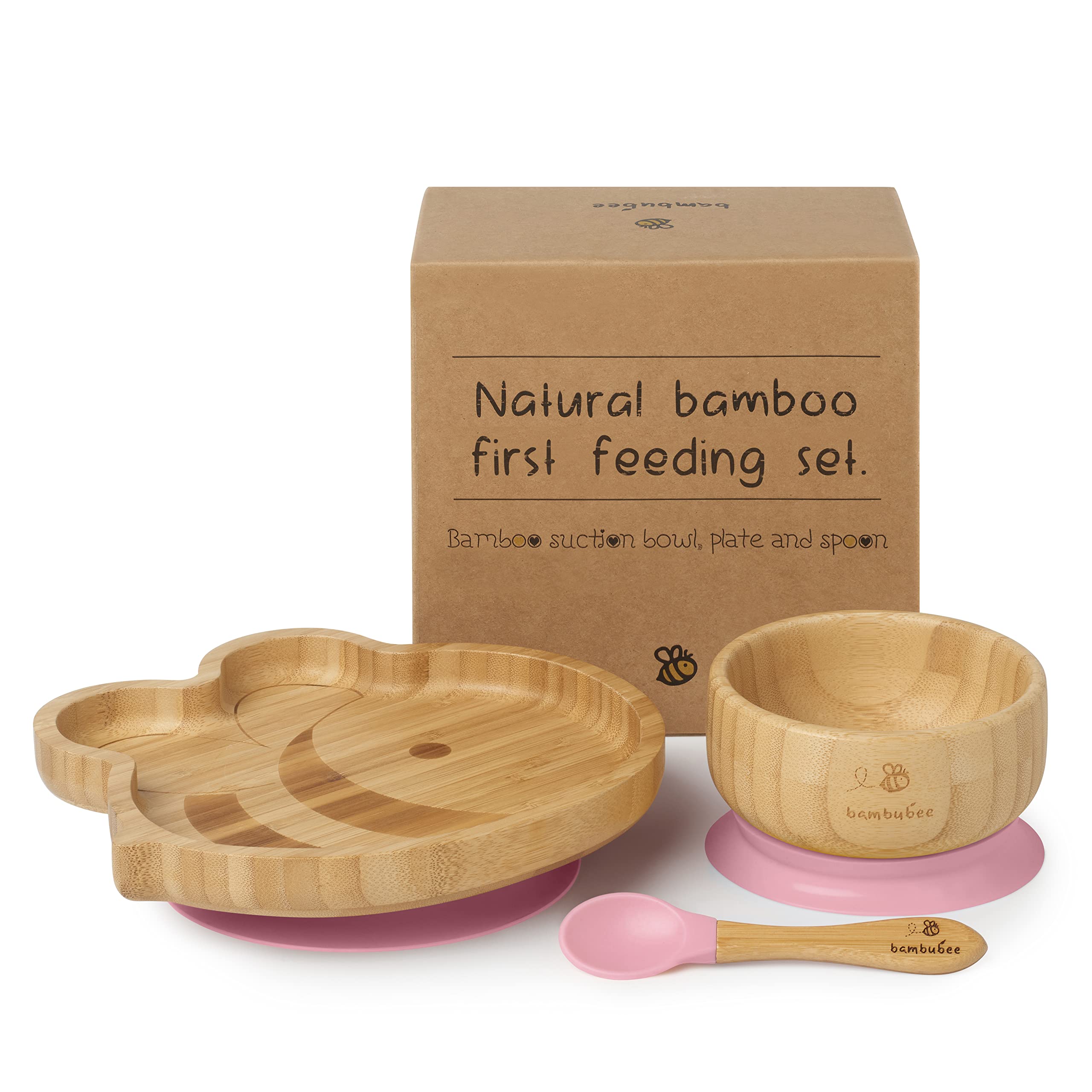 Bambubee Natural Bamboo First Feeding Set - Baby & Toddlers Bamboo Bee Plate, Bowl & Spoon - Stay-Put Suction Set for Child’s First Feeding - Ideal Baby Weaning Gift Set for Baby Shower & New Parents