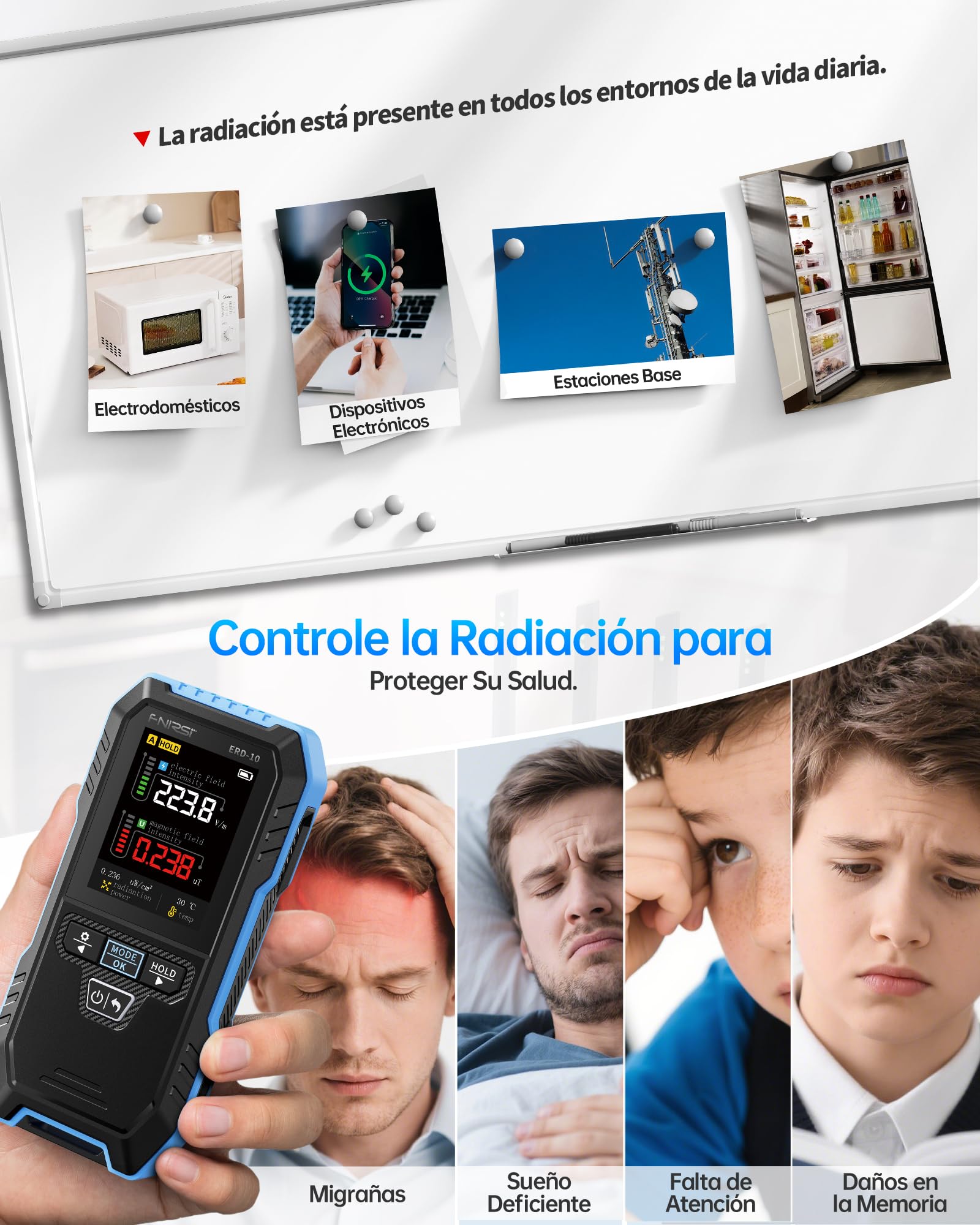 FNIRSI Medidor EMF ERD-10, Detector de Radiación EMF 4 en 1 con Modo de Curva, Lector EMF Recargable, Detector de Radiofrecuencia de Campo Electromagnético Para el Hogar, para Hogar, Oficina, Exterior