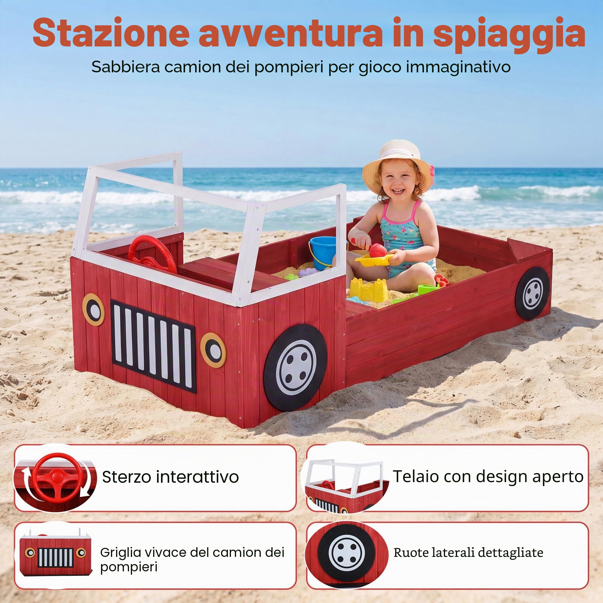 HOMASIS Sabbiera per Bambini in Legno, Sabbiera da Esterno a Forma di Autopompa con Panca, Sedile, Volante e Fodera, Gioco da Spiaggia per Cortile e Giardino, per Bambini 18+ Mesi, 156 x 80 x 70 cm