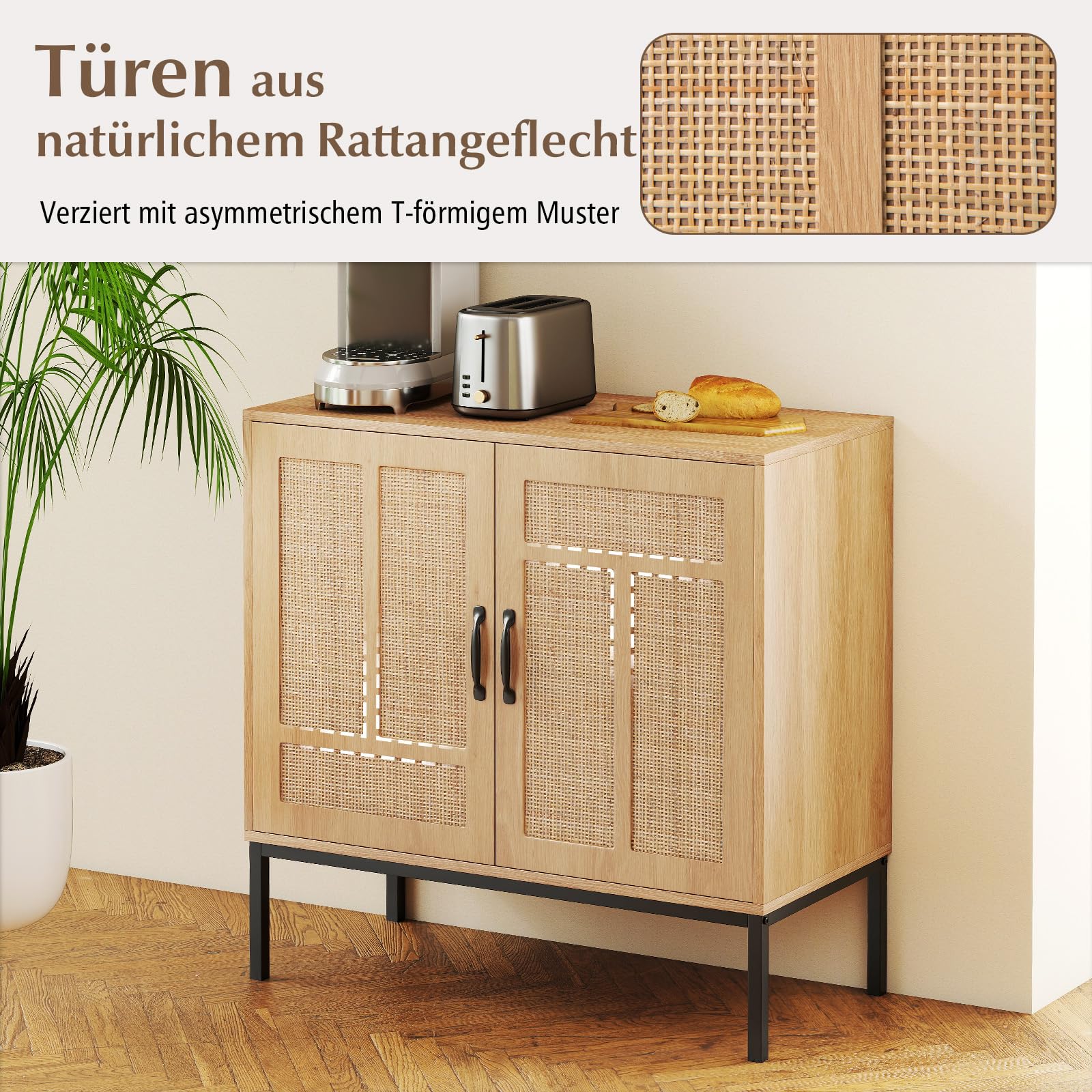 COSTWAY Kredens z 2 drzwiami rattanowymi, szafka kuchenna w stylu boho z drewna, szafka bufetowa z 3-stopniową regulacją półki i metalowymi nogami, komoda do kuchni, jadalni, salonu, 80 x 38 x 81 cm