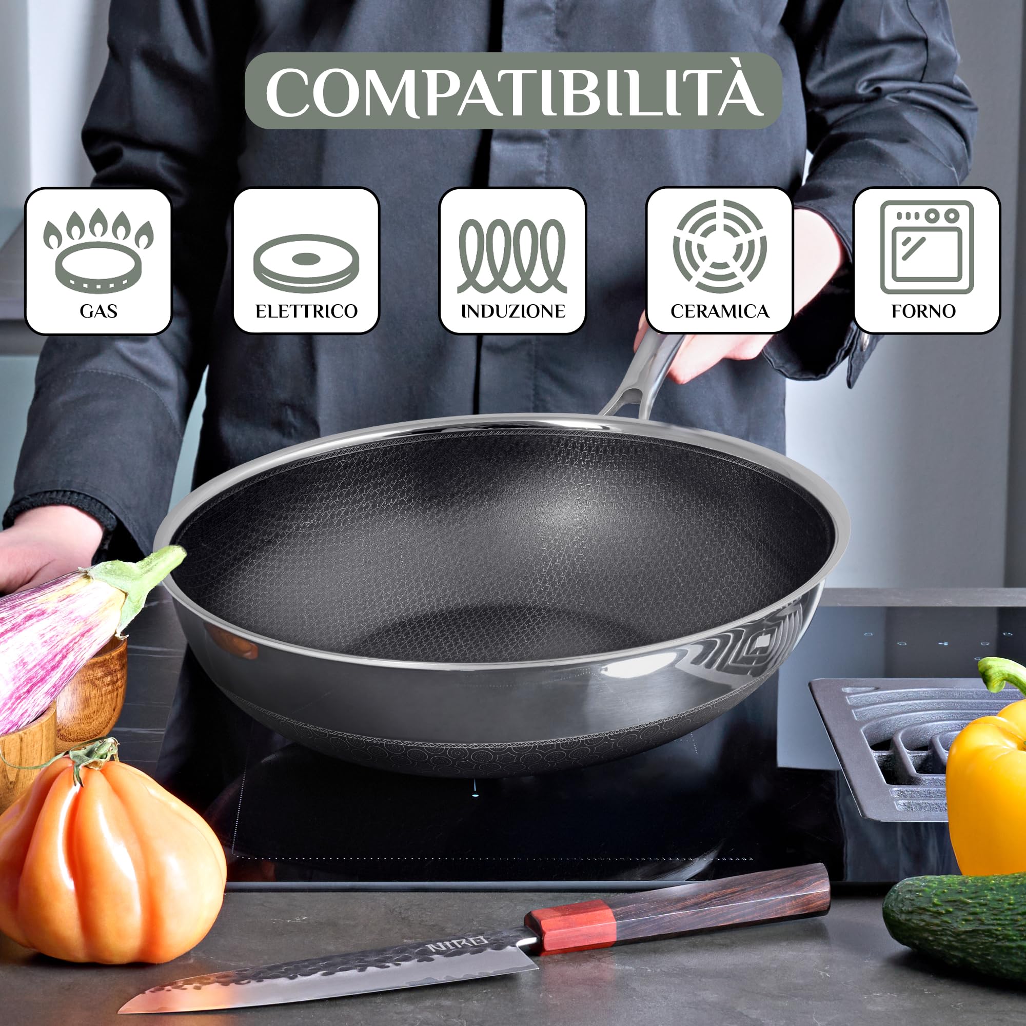 NIRO Wok Antiaderente Triplo Strato (Acciaio Inox + Alluminio) Ø28cm, COPERCHIO INCLUSO, Antigraffio, NO PFOA, Per Piano Cottura Induzione, Ceramica, Elettrico, Gas, Forno, Manico Anti Scottatura