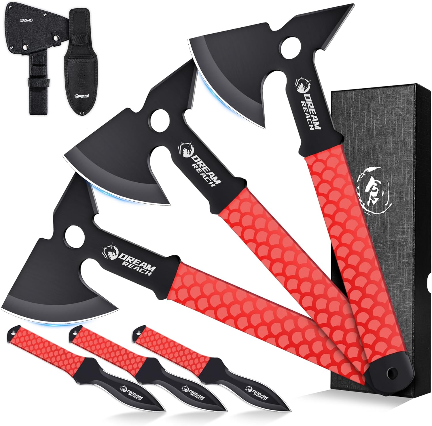 Dream Reach Throwing Axe Set - 6PCS Full Tang Throwing Hatchet with TPR Rubber Sleeve and Protective Sheaths for Recreation and Competition Game
