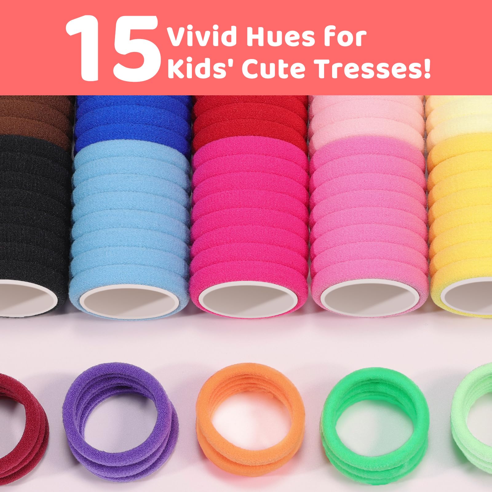 IKOCO 150 x Haargummis, keine Beschädigungen, weiche Baumwolle, für Mädchen und Kinder, Pferdeschwanz mit 2 Haarschwanz-Werkzeugen, bunt