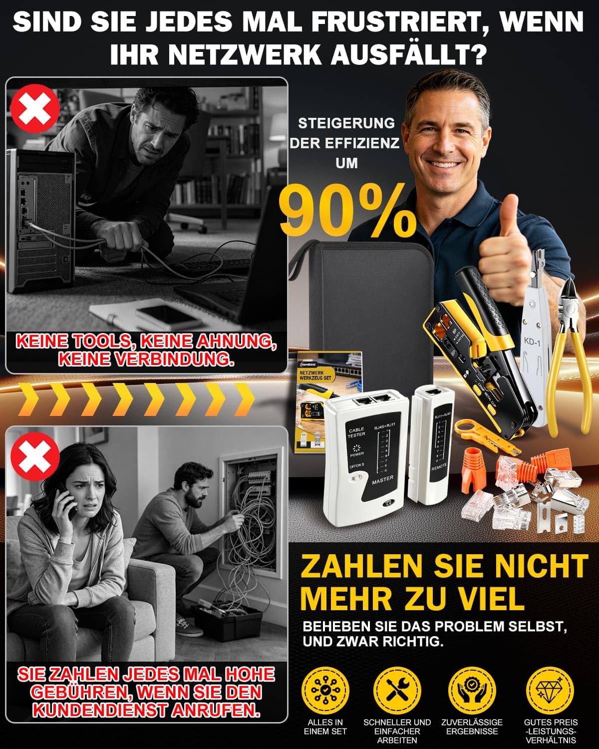 moveland Effizient Netzwerk Werkzeug Set - Rutschfest präzise RJ45 Crimpzange Pass-Through mit 15 x Cat6a / 15 x Cat7 Stecker, LSA Auflegewerkzeug, Netzwerktester für Heimwerker & Techniker geeignet