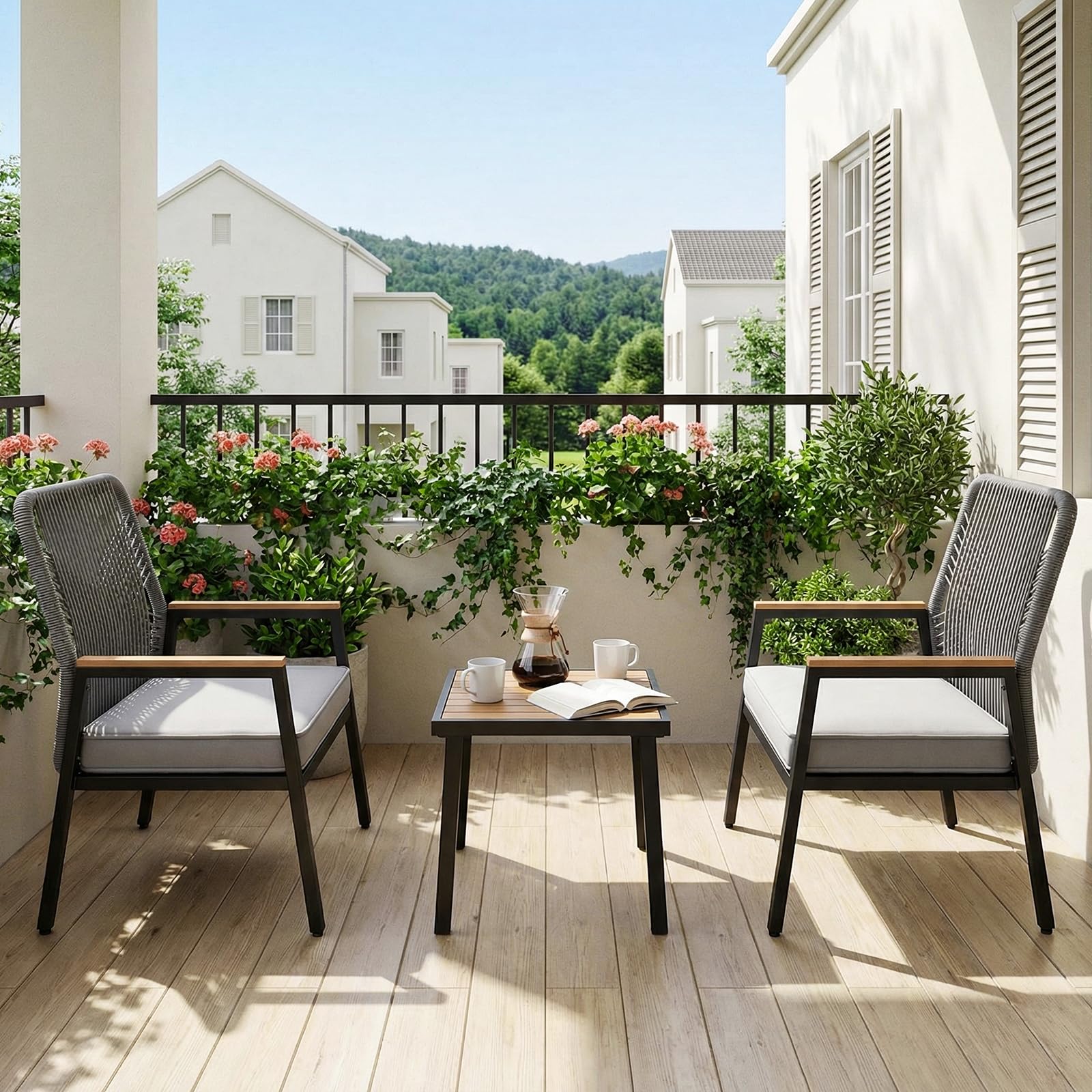 LIFERUN Gartenmöbel-Set, 3-teilig Gartenstuhl Rattan, für Terrasse, Garten | 2 Terrassenstühle mit Tisch, Bis 160 kg, witterungsbeständig, WPC Armrest, Outdoor Balkonmöbel Metall und Rattan, Grau