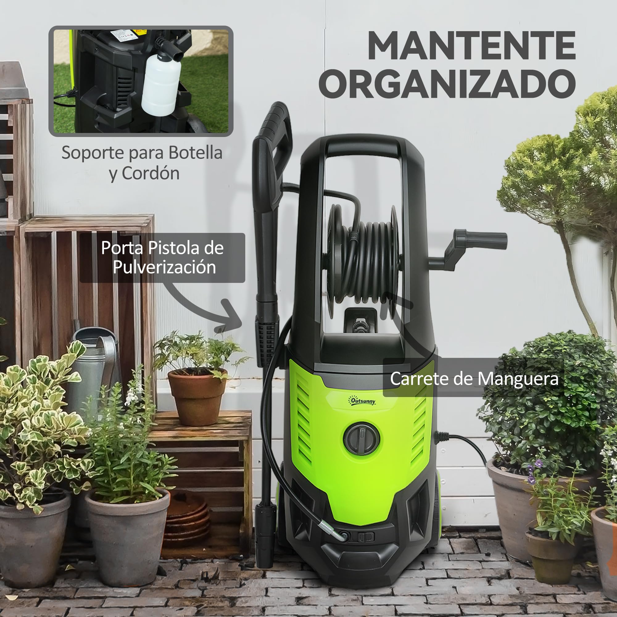 Outsunny Hidrolimpiadora de Alta Presión 2200W, Presión 170 Bar, Caudal 420 L/h, con Bomba de Aluminio, Parada Automática, Manguera de 6 m, Incluye Botella de Espuma y Boquilla Ajustable Verde y Negro