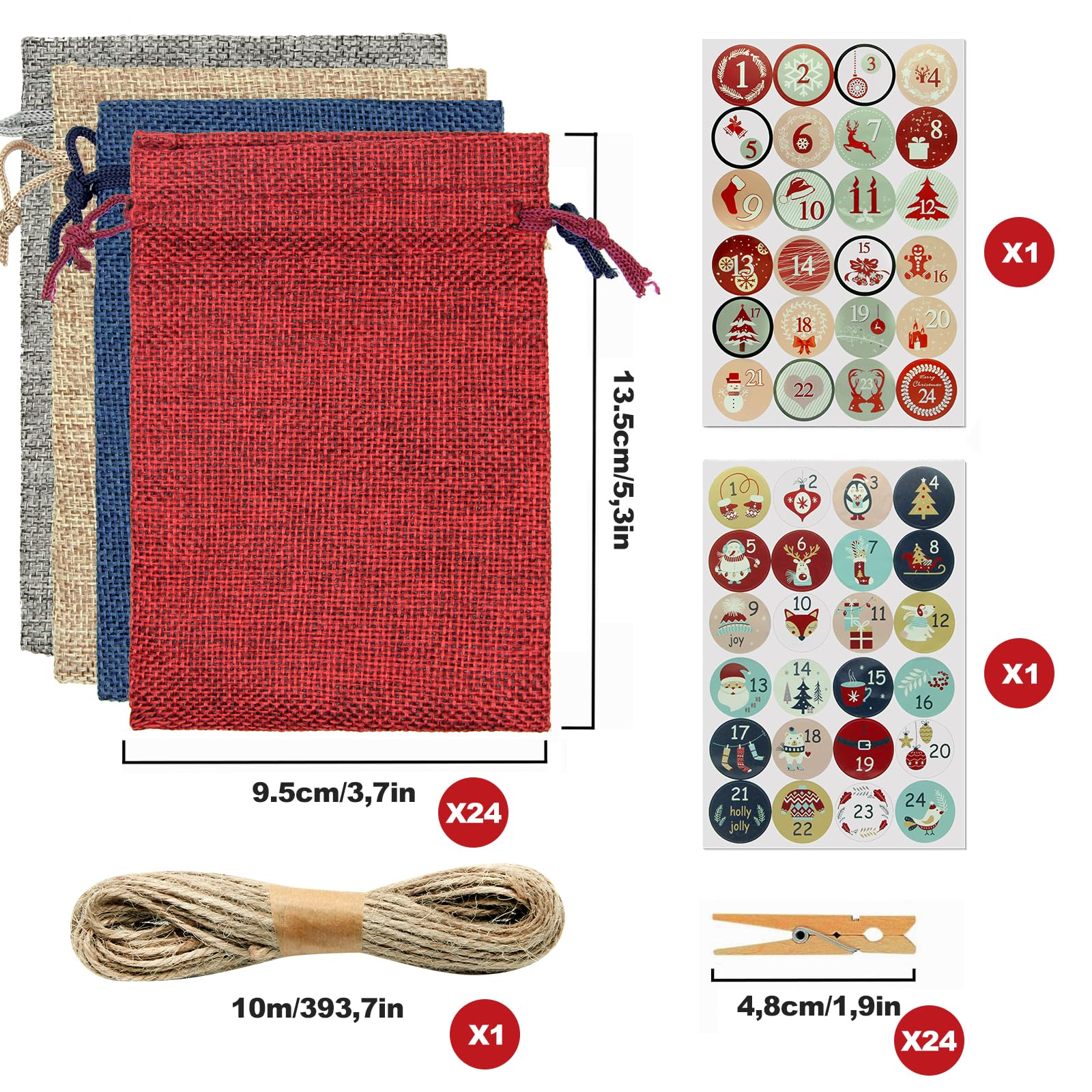 Calendario de Adviento para Rellenar 24 Piezas con Cuerda 10m y 48 Números Adhesivos, Bolsas de Tela DIY 4 Colores