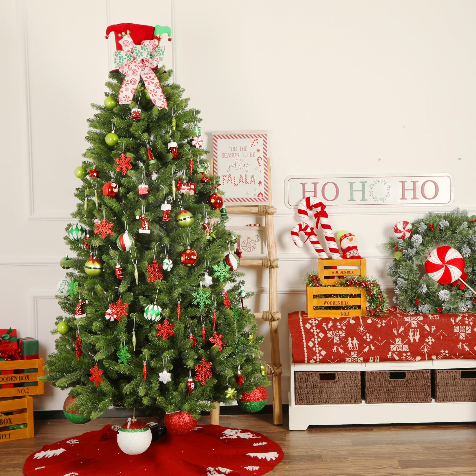 Shareconn 75 pcs Christmas Ball Set - Ornements en Plastique pour la décoration du Sapin, Les fêtes de Fin d'année et Les Mariages - Rouge, Vert et Blanc