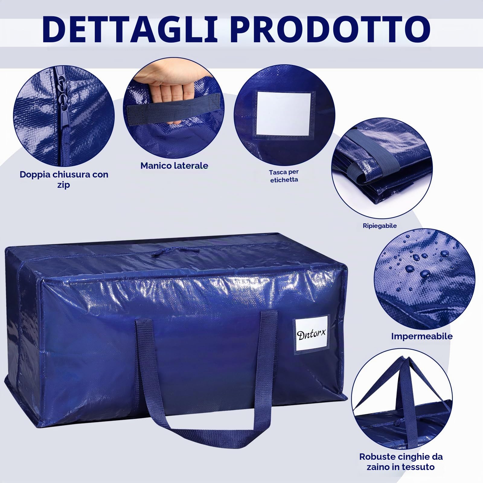 Dntorx 4 sacchetti da 90 l, Heavy Duty per traslochi, grandi con manico con chiusura lampo, pieghevole, per trasloco, campeggio, biancheria da letto, vestiti, colore blu