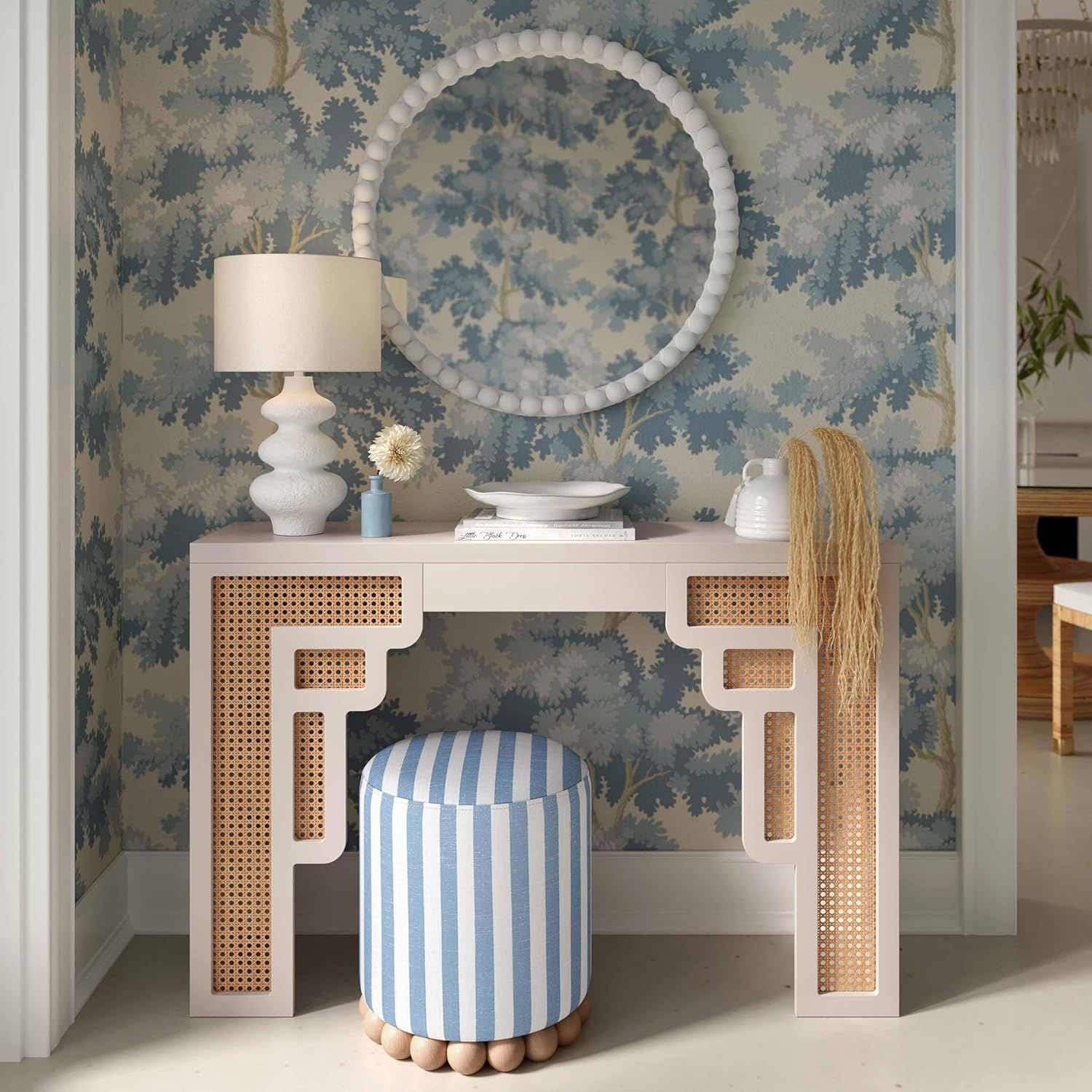 Tov Furniture Dex Pastel Blue Striped Linen Round Ottoman with Wooden Base