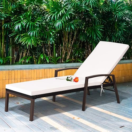 Miniatura 4 de Tangkula Sillón de ratán para patio, tumbona reclinable para exteriores con cojín y reposabrazos, tumbona de mimbre con respaldo ajustable para