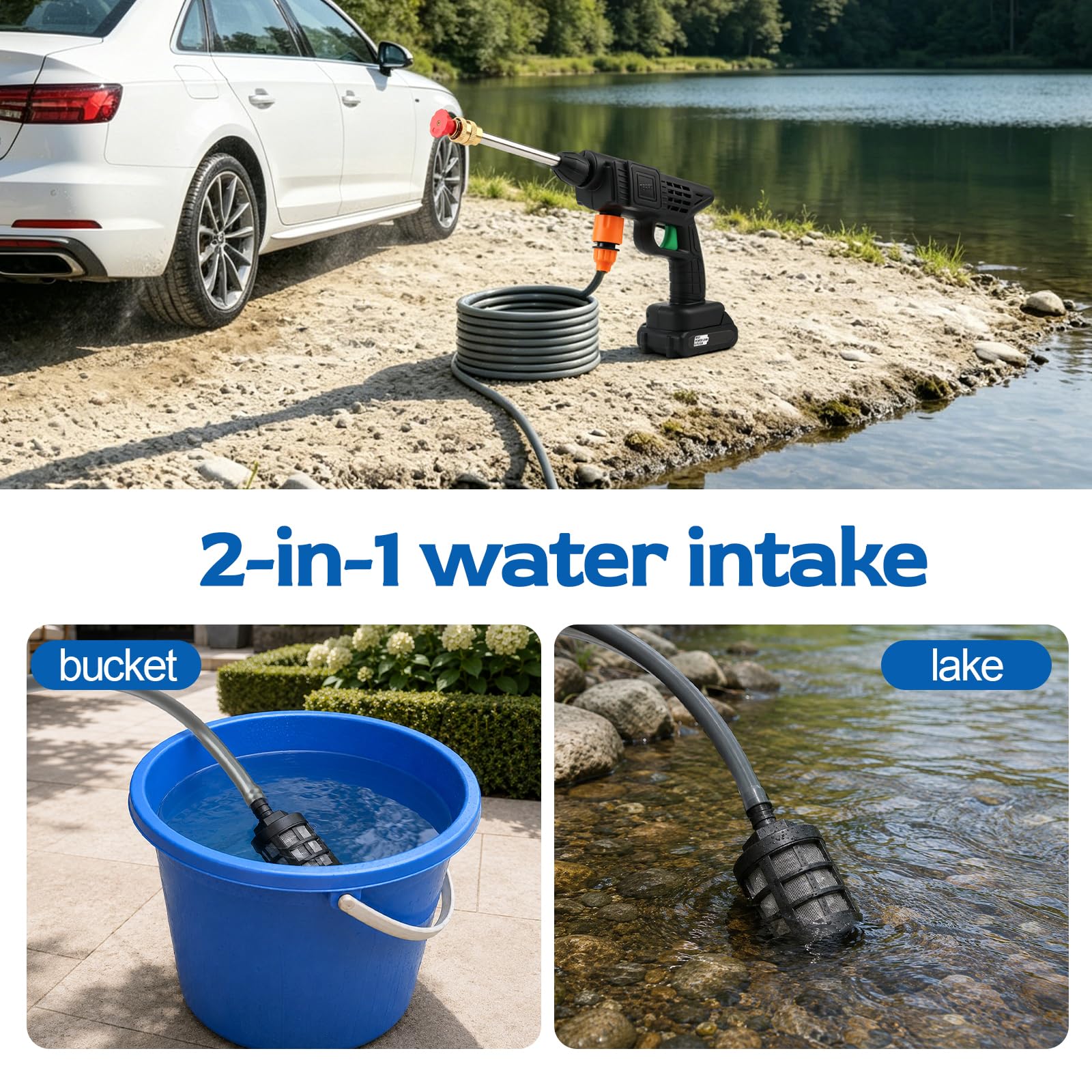 Nettoyeur haute pression sans fil, nettoyeur haute pression portable avec 2 batteries, buse 6 en 1, canon à mousse et tuyau de 5 m, pour nettoyage de voiture, terrasse, maison et cour