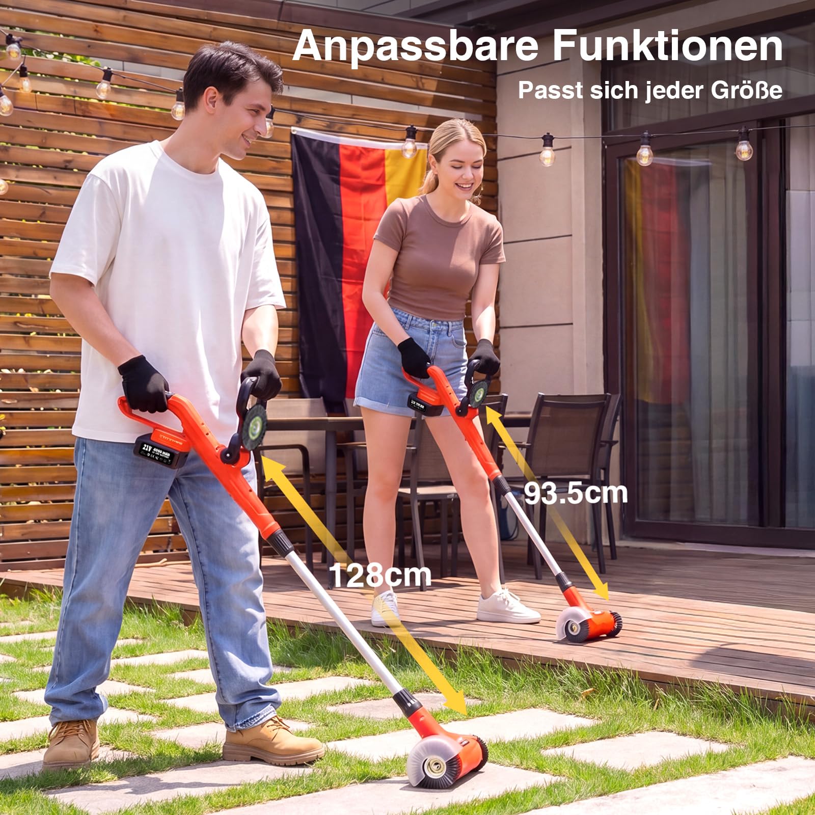Akku Fugenreiniger 21V Unkrautbürste Elektrisch- Pflasterreiniger mit 2x 4.0Ah Akku, 120 Min. Laufzeit, Teleskopstiel 128cm für Terrasse & Gehweg, inkl. 3 Stahldraht- & 1 Nylonbürste, Fugenkratzer Set