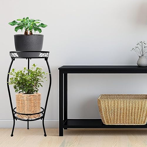 Miniatura 4 de Soporte de metal para plantas de 2 niveles para interiores y exteriores, paquete de 2 estantes altos para macetas resistentes al óxido, soporte