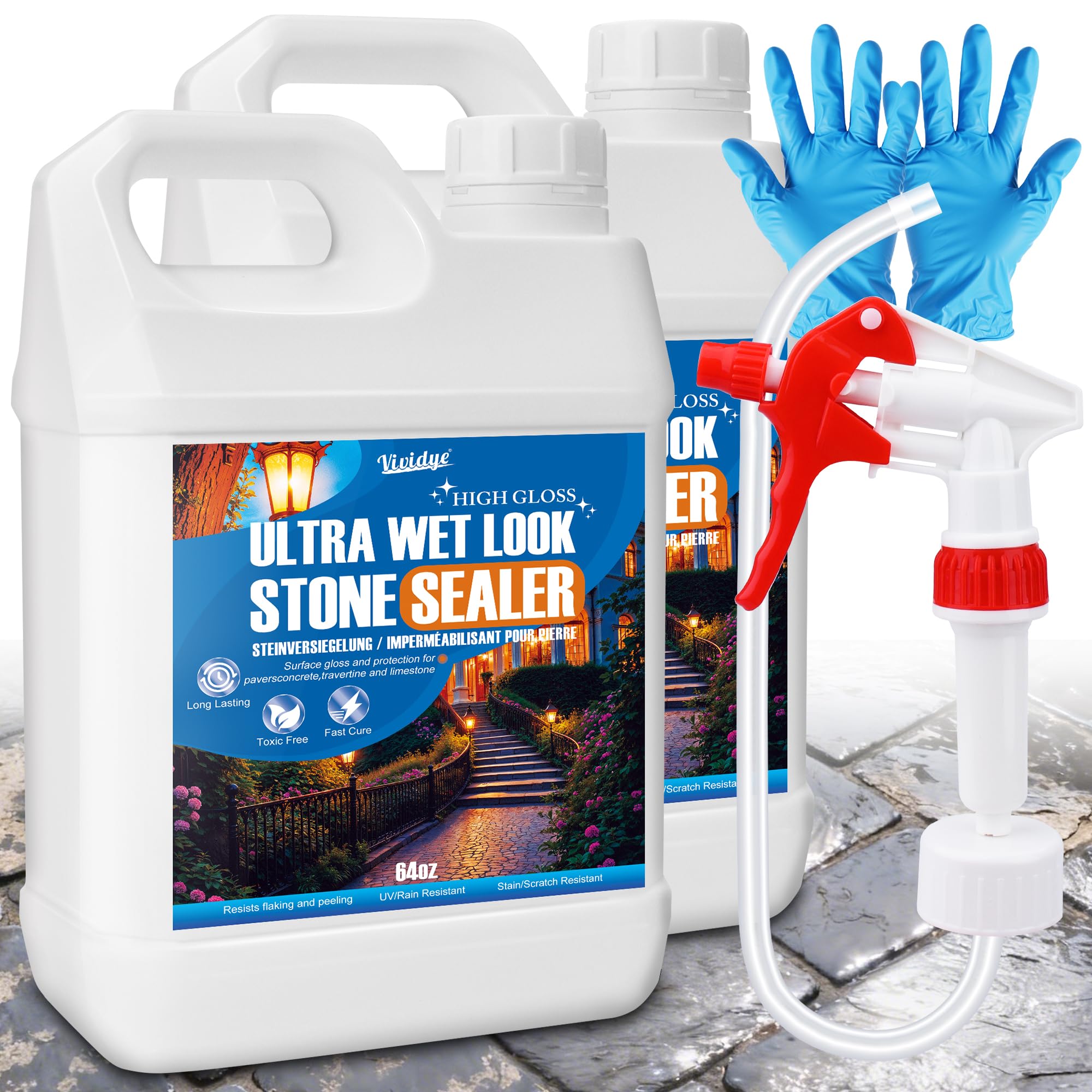 Wet Look Stone Sealer, 4L Concrete Sealer with Sprayer - Water-Based, Low Odor, Ultra Gloss Finish, Paver Sealer for Concrete, Slate, Walls, Stone, Brick, Floor, Driveway etc