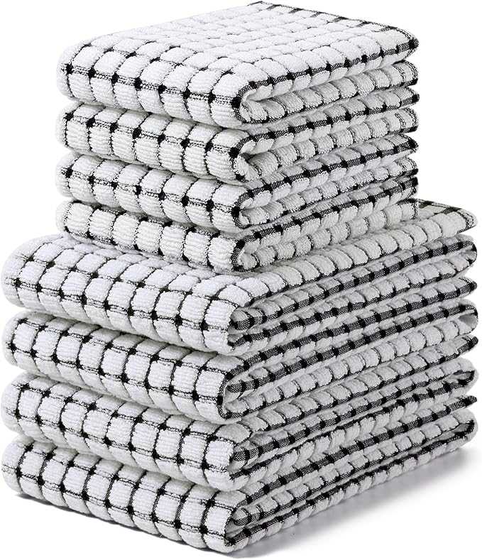 Homaxy Kitchen Towels and Dishcloths Set, 16 x 25 and 12 x 12 Inches, Set of 8 Cotton Terry Kitchen Dish Towels, Super Soft and Absorbent Dish Cloths, Black