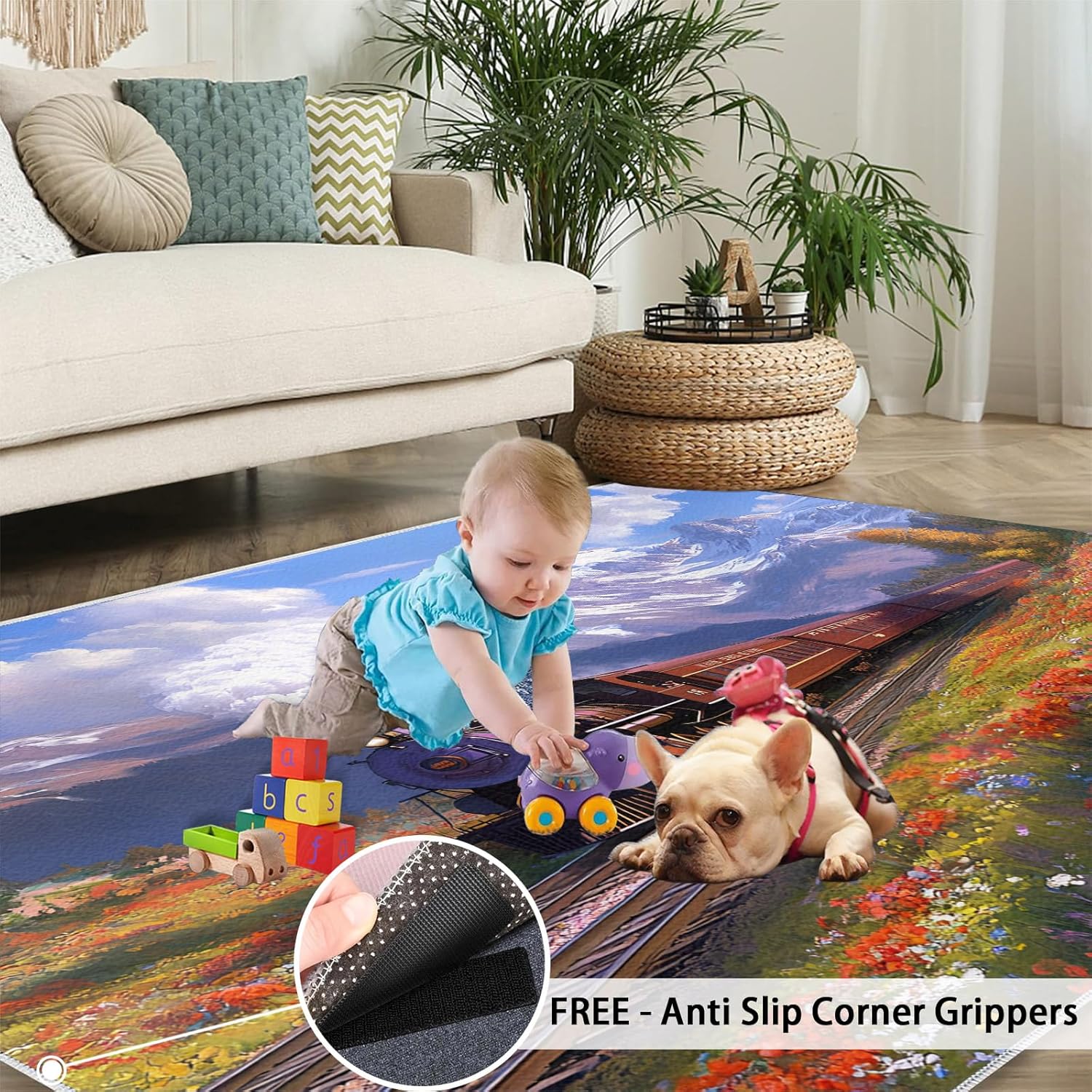 Area Rug - Steam Train Carpet, Bathroom Rug 3x4, Retro Rugs for Living Room, Landscape Carpet, Soft & Non Slip & Washable Rugs for Bedroom Dining Room Lounge