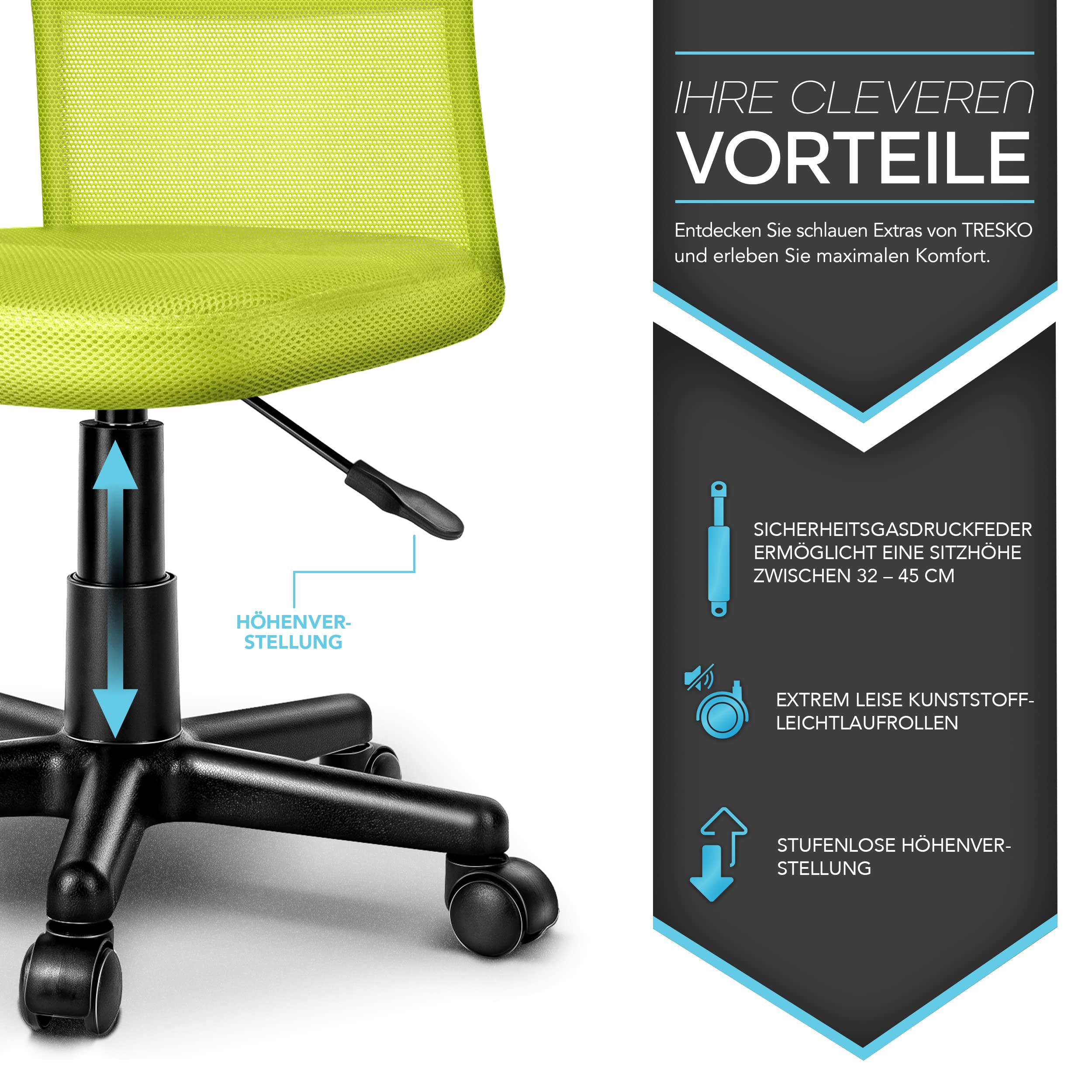 TRESKO Bürostuhl Schreibtischstuhl Drehstuhl, mit Kunststoff-Leichtlaufrollen, stufenlos höhenverstellbar, gepolsterte Sitzfläche, ergonomische Passform, Lift SGS-geprüft (Hellgrün)