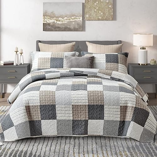 KALOOLA Juego de edredón tamaño Queen 100% algodón, color marrón, gris, tamaño Queen y gris blanco, 6 piezas