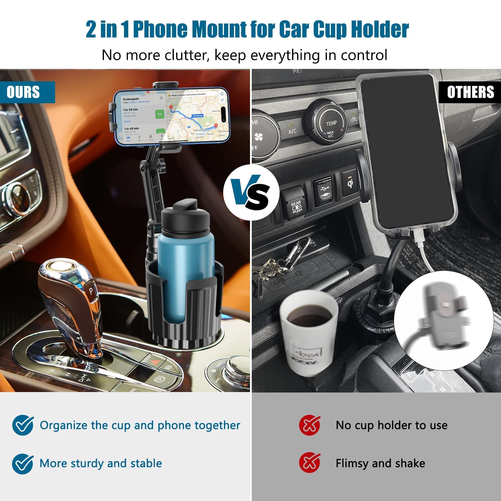 Support Double Téléphone Pour Porte-gobelet De Voiture - Col Flexible Extra-long, Rotation 360°, Universel Pour 2 Smartphones