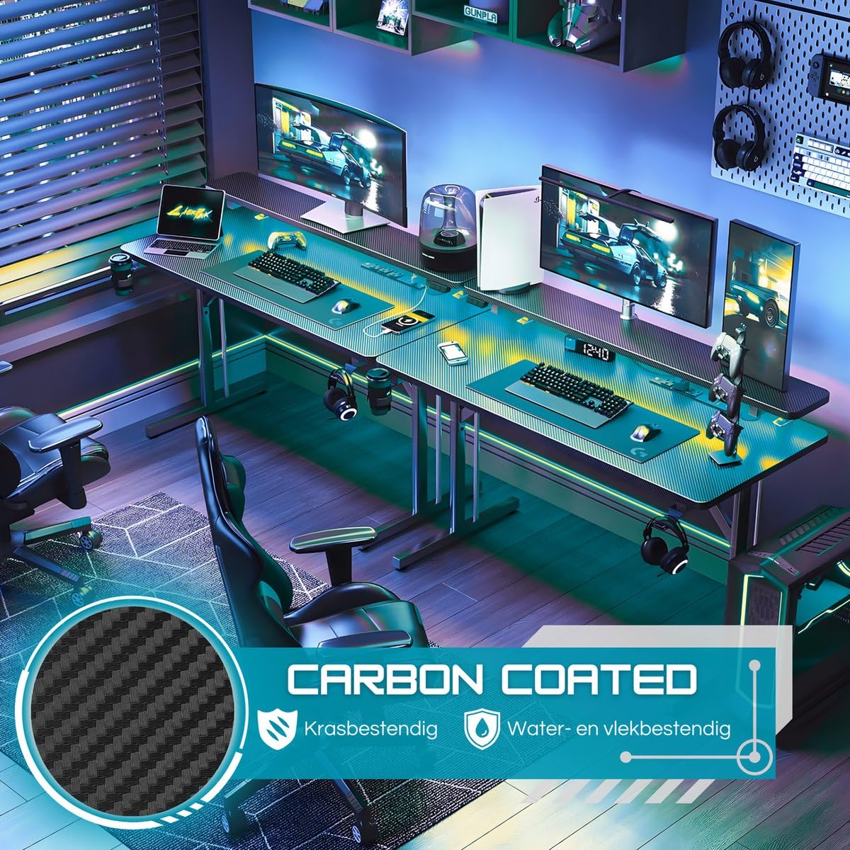 Five Stars® Escritorio Juego - 100x50x75 cm - Escritorio de juegos con luces LED - Carbono Negro - Gaming Desk - Mesa de Ordenador - RGB Iluminación LED
