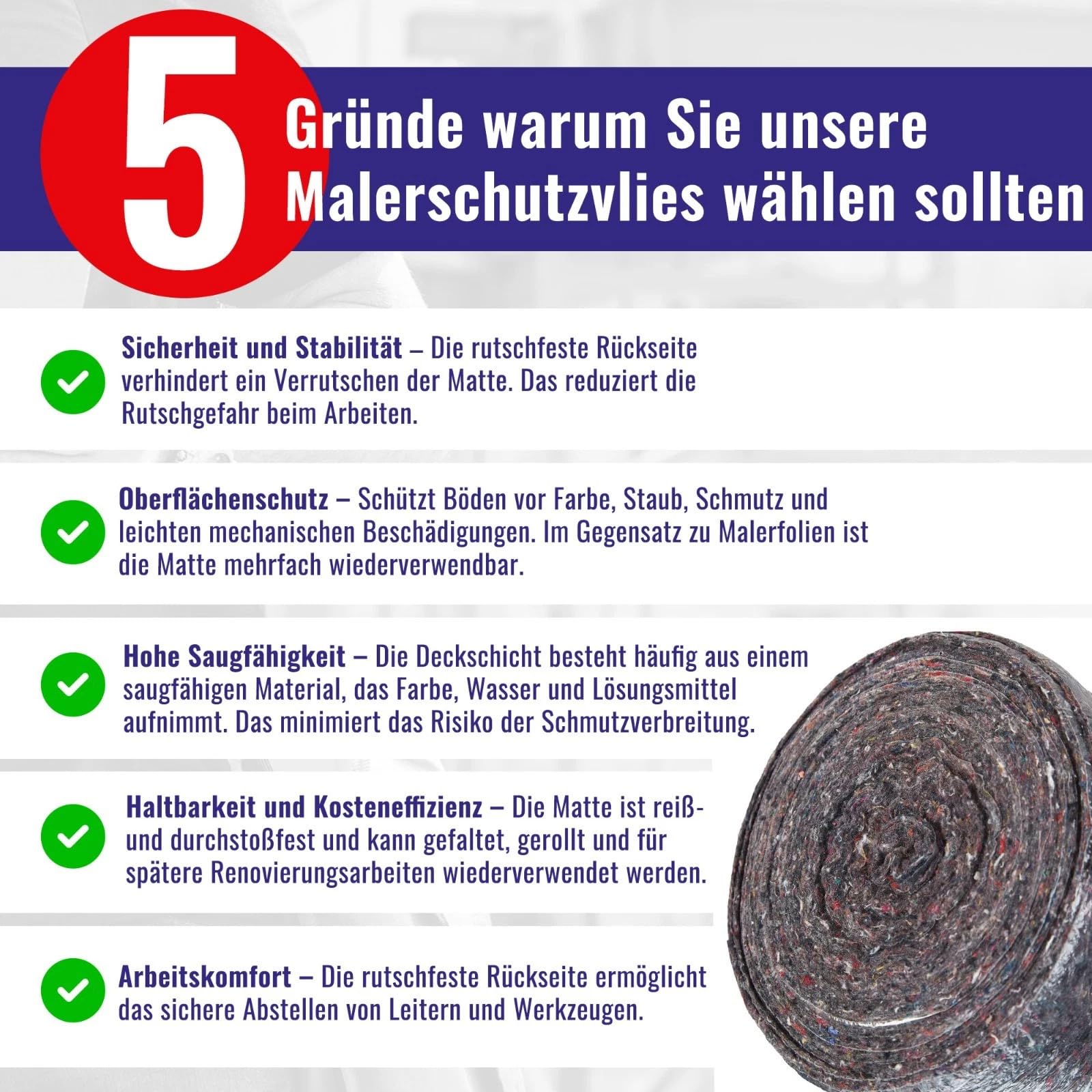 Chle-Mar – 5x Mata Malarska 10 m x 1 m 180 g/m² | Włóknina Ochronna z Folią PE Wodoodporna i Antypoślizgowa | Wielorazowa Mata Renowacyjna do Ochrony Podłóg i Schodów | Włóknina Malarska do Remontu