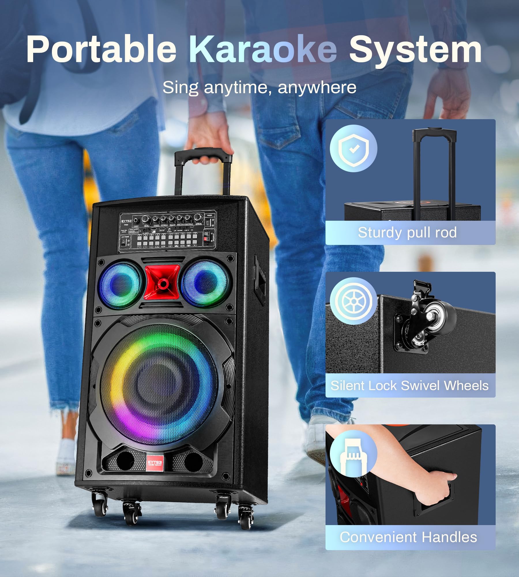 Macchina per karaoke con display con testi dello schermo per adulti, touch screen da 14,1 pollici, altoparlante portatile per karaoke, sistema PA 800 W di potenza di picco con 2 microfoni wireless