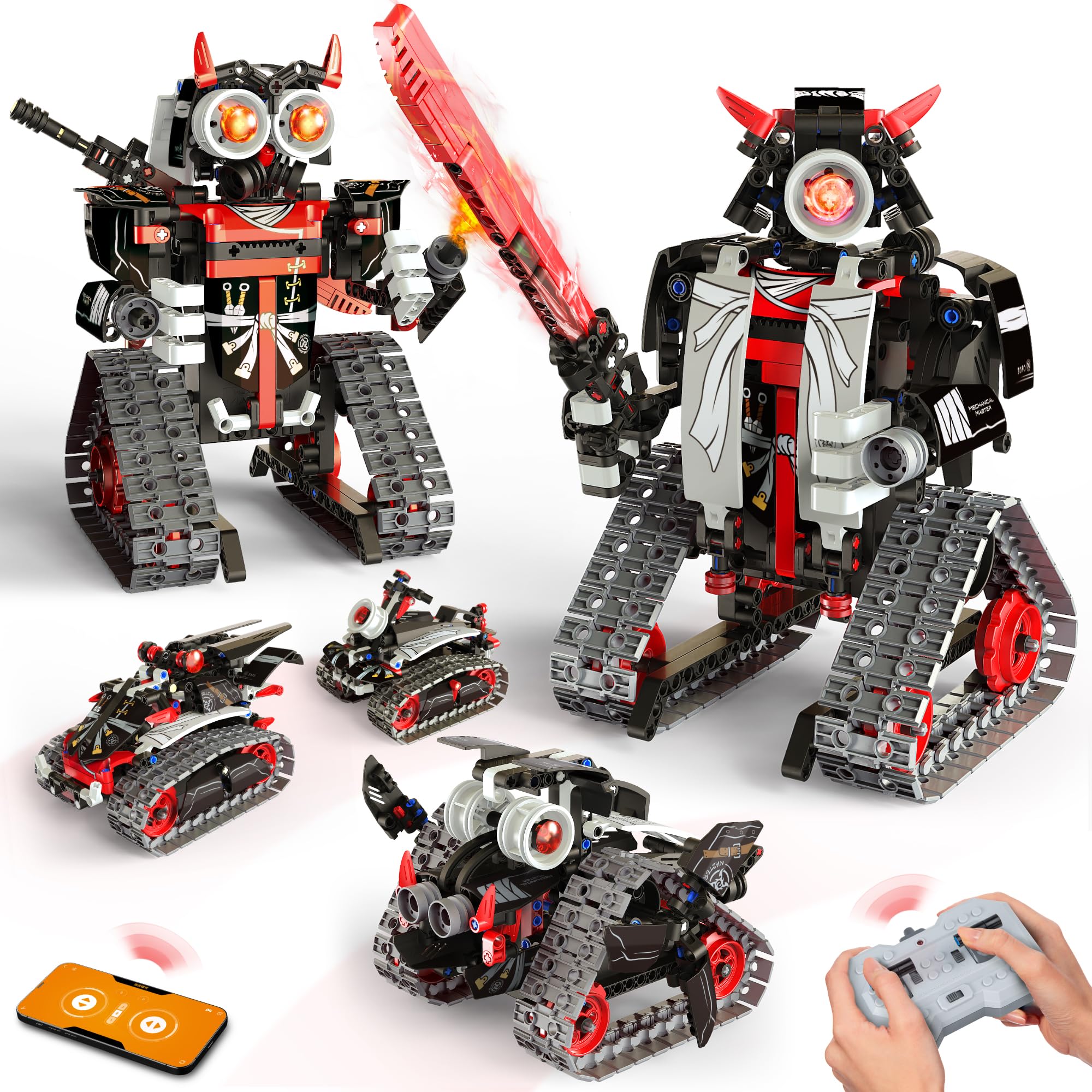 Opmind5 in 1 STEM RC Robot Building Kit, APP & Remote Control Samurai/Ninja Blocks 419 Pcs, Erector Set RC Toy for Kids, DIY Build Science Educational Gift for Age 6 7 8 9 10 11 12+ Boys & Girls
