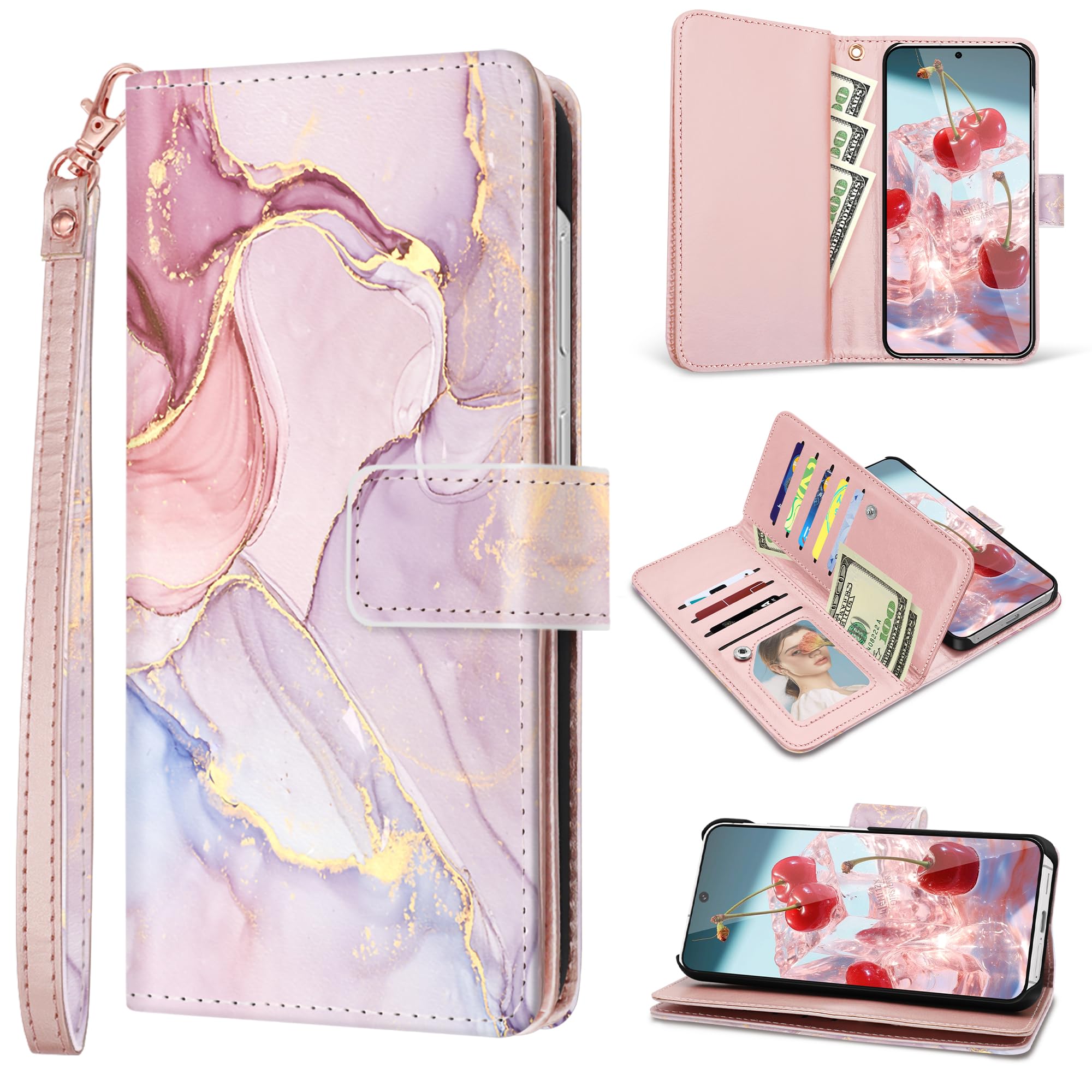 Fingic for Samsung Galaxy S25 Case Wallet for Women Girl[with 9 Card Holder]Marble Rose Gold PU Leather Detachable Wrist Strap Fullbody Slim