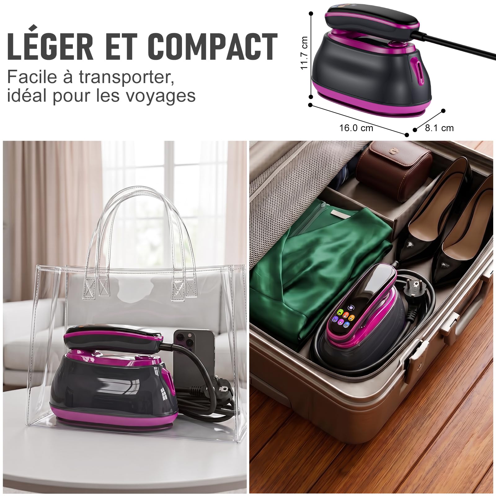 Défroisseur Vapeur 2 En 1, Défroisseur à Main 1300 W Portable Vêtements, Fer à Repasser de Voyage Écran Tactile Multi-Modes, 4 Vapeurs, Repassage Sec + Auto-Nettoyage, Réservoir 160 ml Maison/Voyage