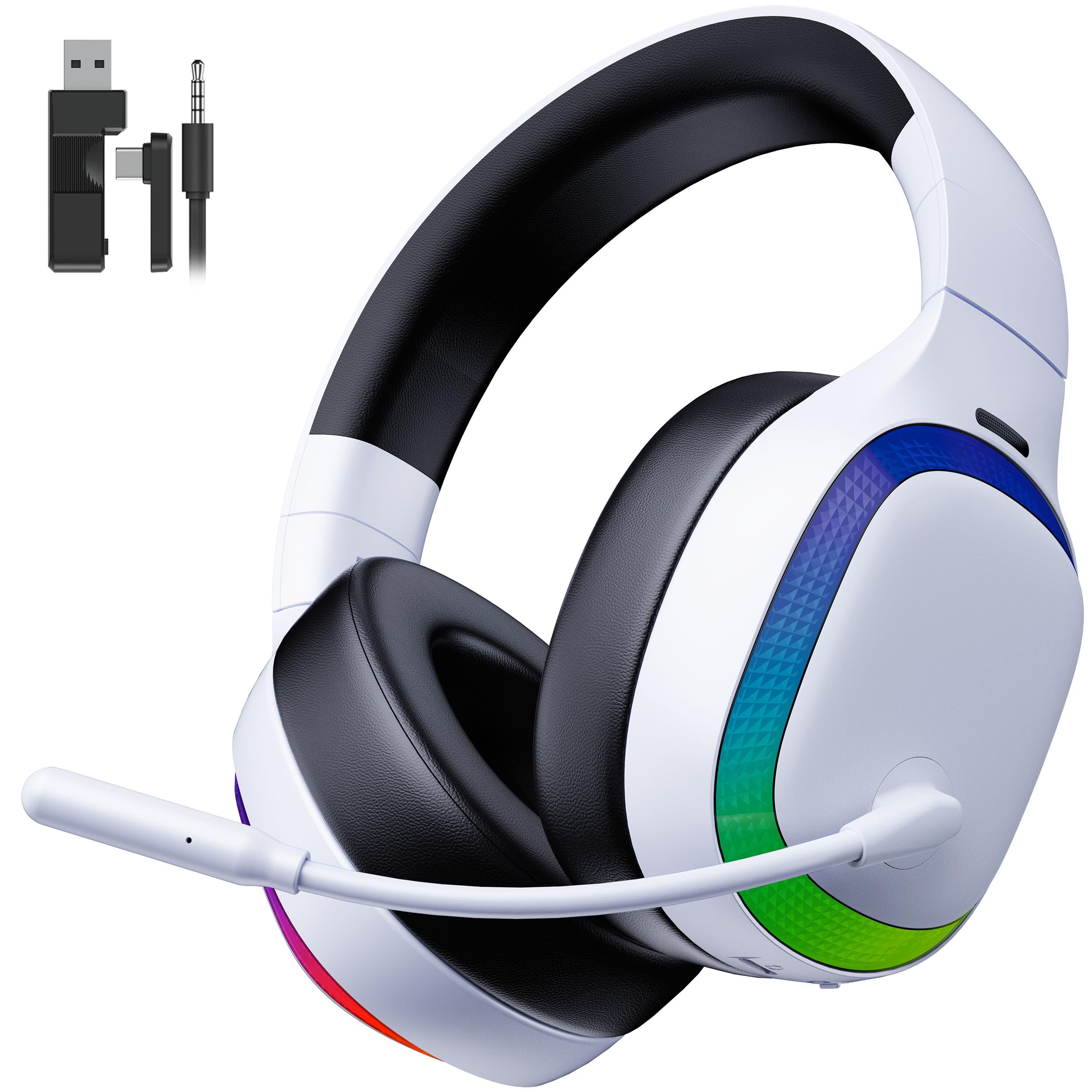 ゲーミングヘッドセット ワイヤレス ゲーミングヘッドホン PS5 ヘッドセット ｜Bluetooth 5.3 / 2.4GHz USB/Type-C/有線接続｜7.1chサラウンド・超低遅延＜20ms｜ノイズキャンセリングマイク・50mmドライバー｜RGB ライト・最大70時間バッテリー｜ PS5/PS4/PC/Switch対応（ホワイトRGB）