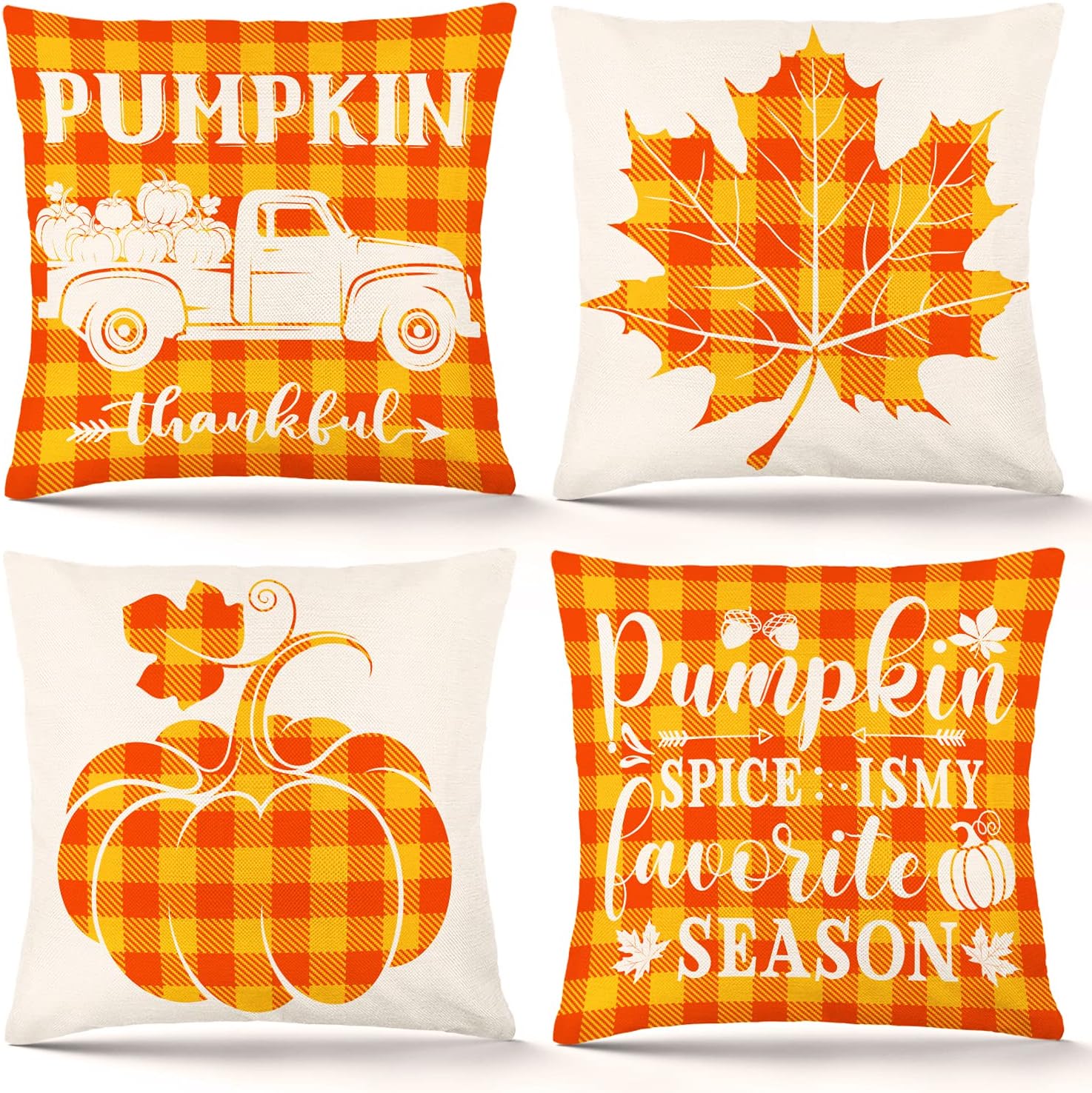 Bowount Fall Pillow Covers 4 PCS 18 x 18 Inch for Fall Decor，Fall Checkerboard Pumpkin Decorative Throw Pillow Covers for Sofa Couch Home Decoration