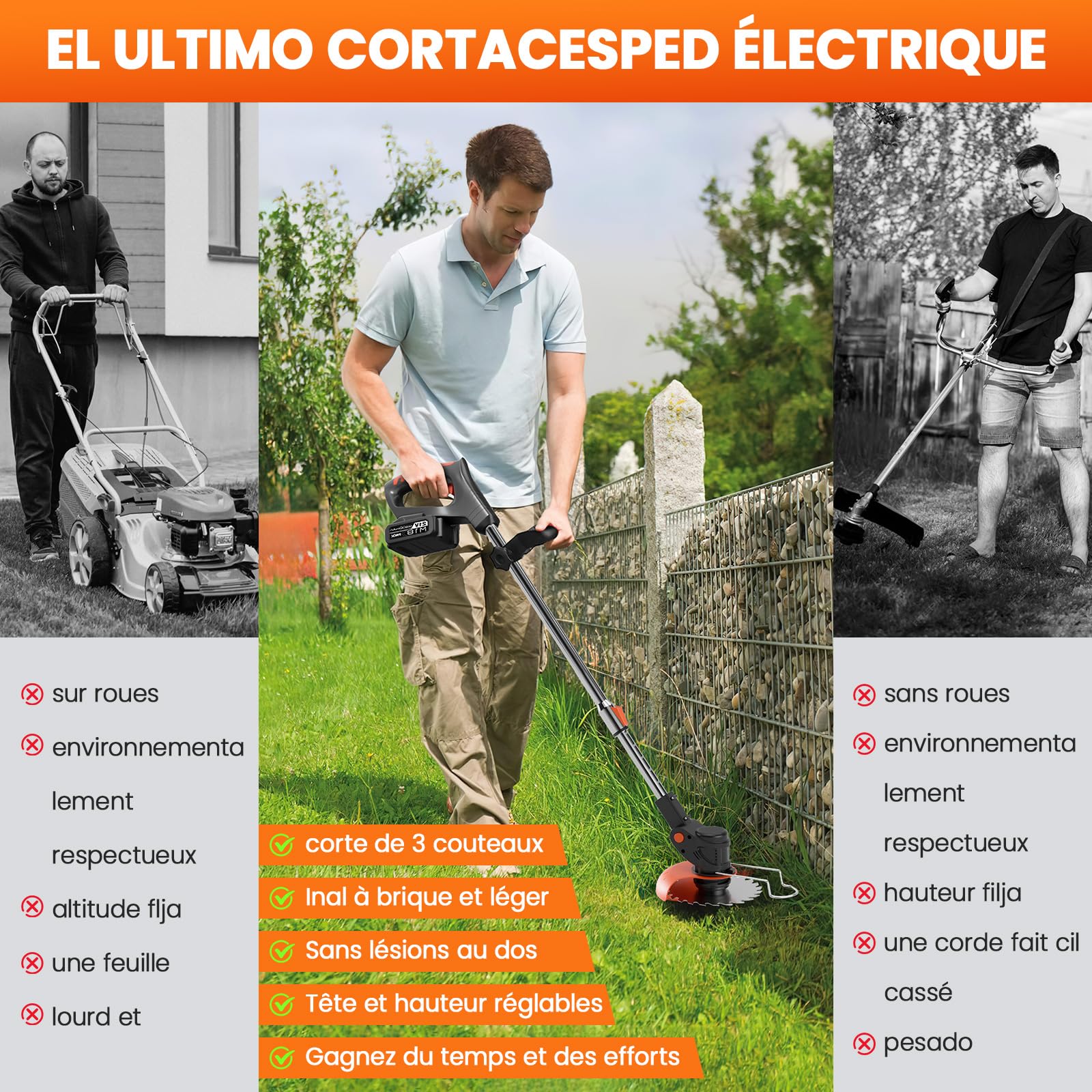Elektrische grastrimmer, draadloos, 21 V, 90 graden draaibare kop met wielen, telescopische grasmaaier, opvouwbaar, met accu en drie messen, geschikt voor tuin, gazon, boerderij (21 V, twee