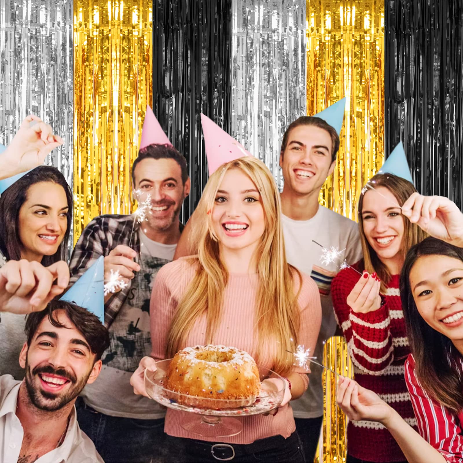 PIGETALE, 2 Pack 3.2x8.2 Feet Silver Black and Gold Tinsel Foil Fringe Curtains Streamers Backdrop for Bridal Baby Shower Wedding Engagement Birthday Graduation Bachelorette Holiday Party Decorations