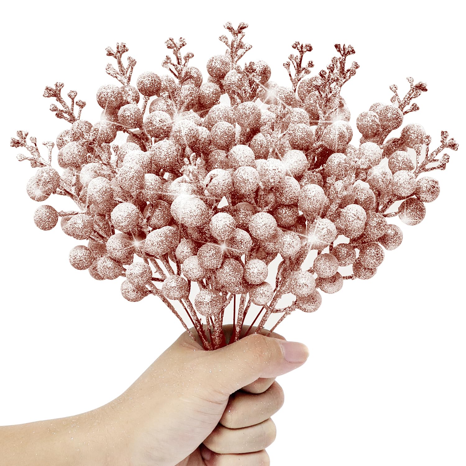 Kunjocy 12 Pcs Snowy Christmas Glitter Berries Stems - Frosted Decorations Artificial Picks for Wreath, Garland, Xmas Tree Ornament (Rose Gold) — image 1