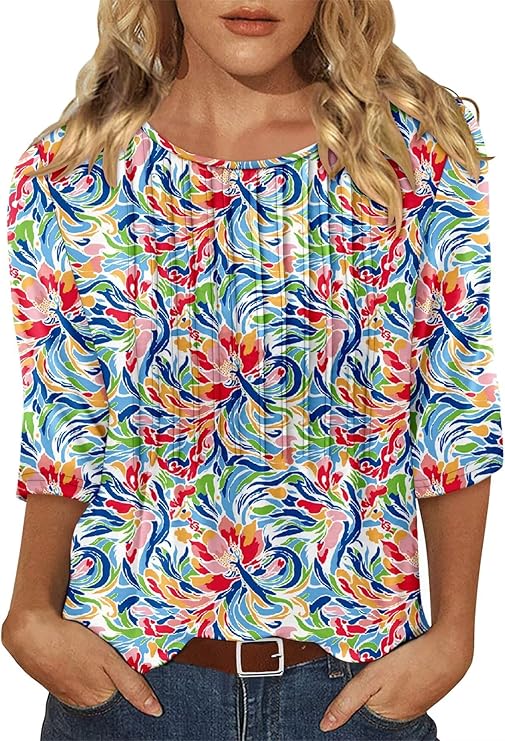 KISSMODA Tunic Tops for Women Loose Fit Dressy Round Neck Pleated 3/4 Length Sleeve Spring Tops