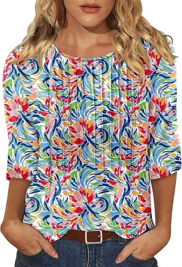 KISSMODA Tunic Tops for Women Loose Fit Dressy Round Neck Pleated 3/4 Length Sleeve Spring Tops