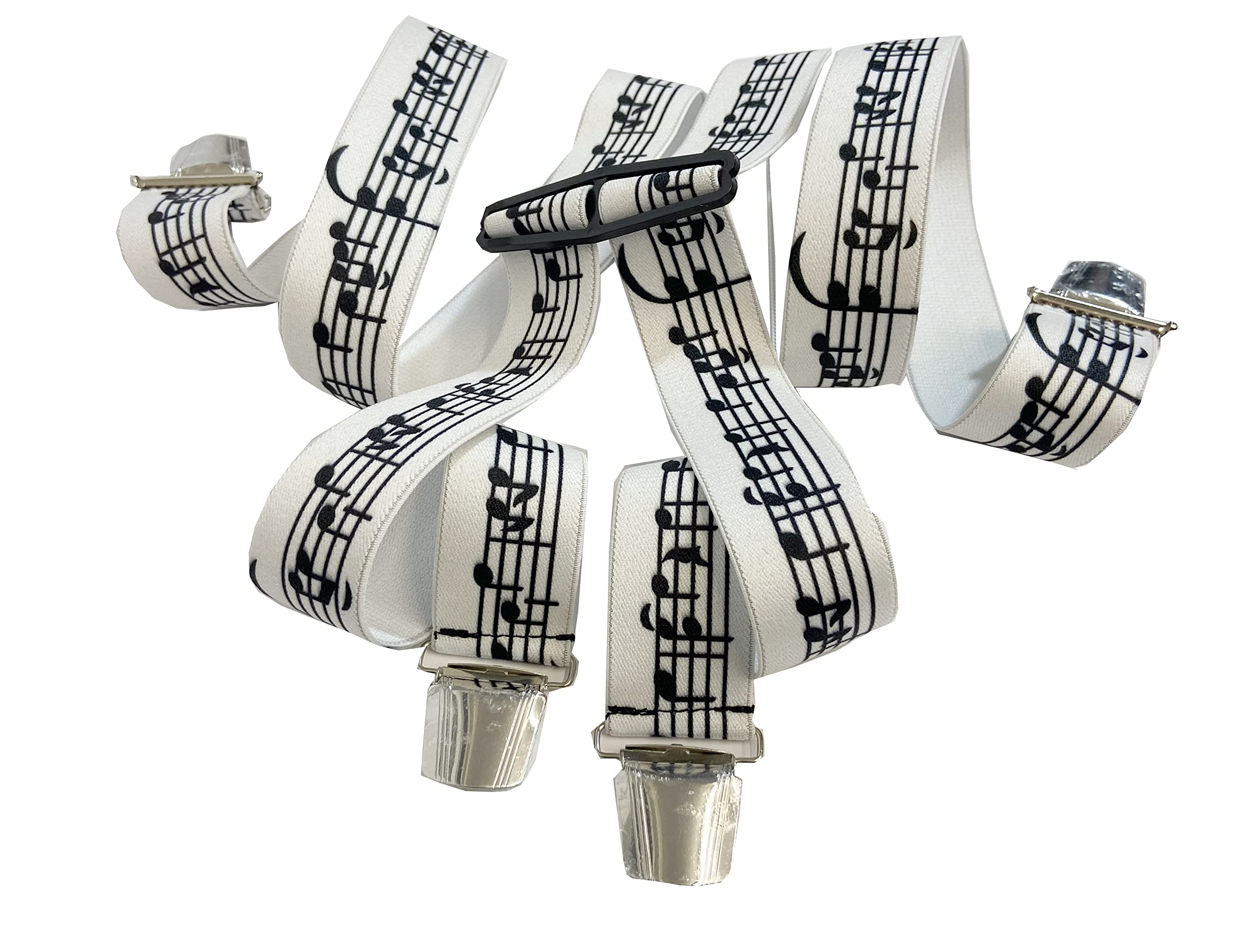 Music Notes Braces, Unisex, Adjustable Elastic with 4 Strong Metal Clips, 35 mm Wide, 110 cm Long, Party, Fancy Dress, Costume, Carnival, Vienna-Fashion.at, Music Notes S/W G-004), White, 110 cm