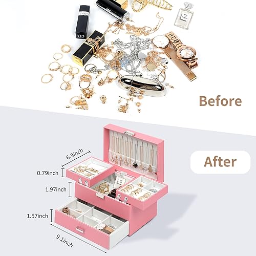 Miniatura 4 de Dajasan Cajas de joyería para niñas y mujeres caja organizadora de joyas de 3 capas de cuero grande para aretes anillos collares pulseras