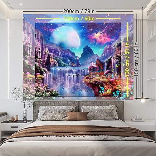 Miniatura 7 de Avinyl Tapiz espacial de luz negra para dormitorio, diseño de cascada de luz negra, para colgar en la pared, reactivo a los rayos UV, luna, galaxia,