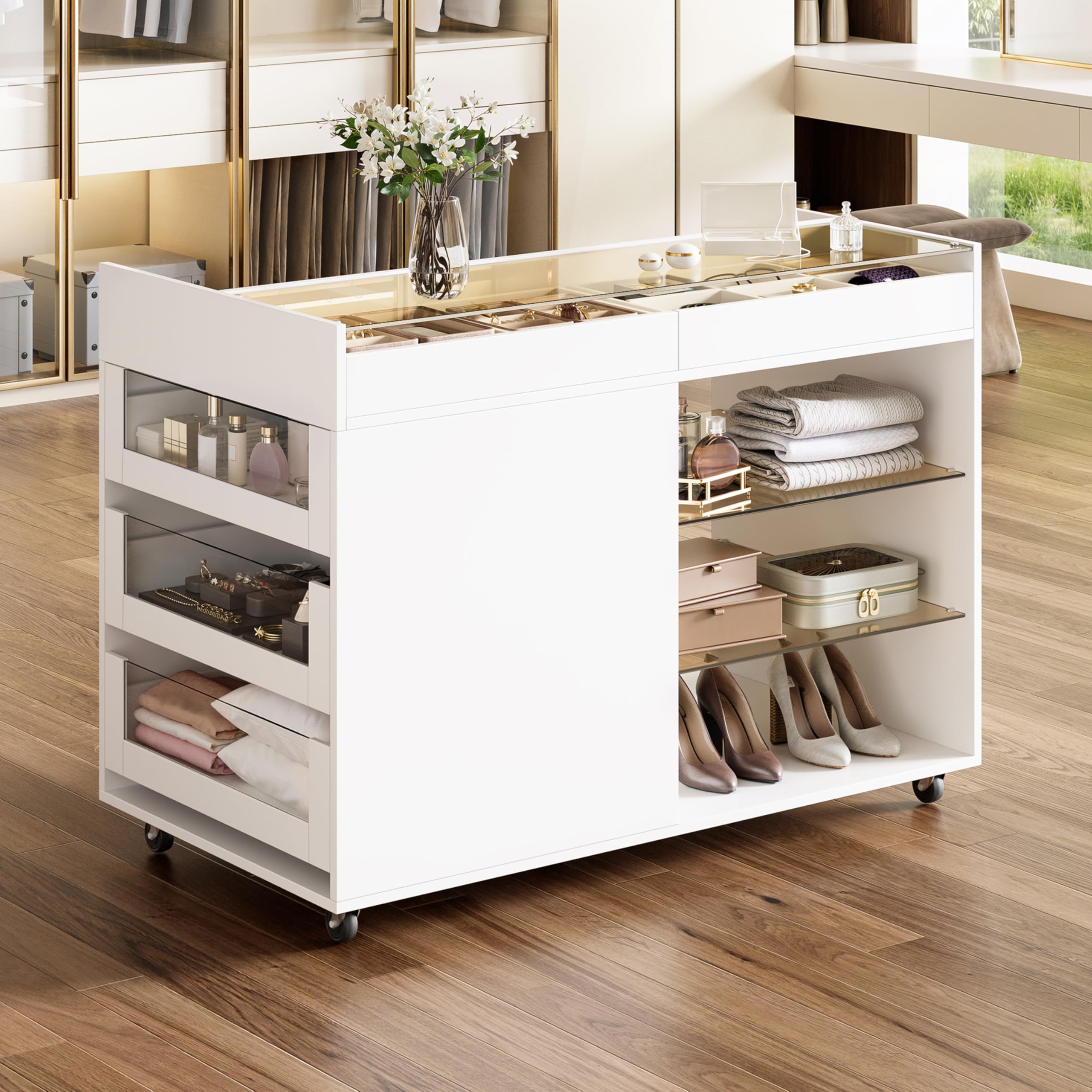 Aparador blanco, aparador para salón, armario de cocina, armario de bufé, con 5 cajones, compartimentos, equipado con ruedas, para salón, comedor, 110 × 60 × 79 cm