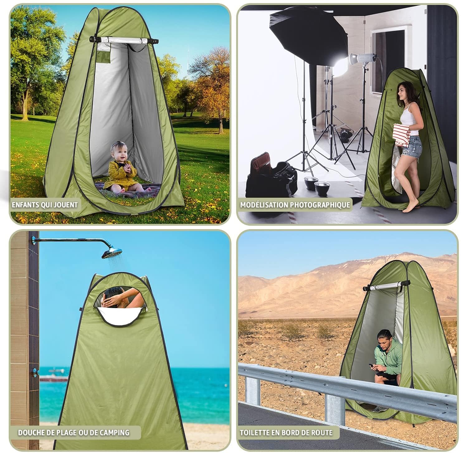 Tente De Confidentialité Instantanée – Cabine Toilette/douche Portable, Pliable, Pour Camping, Plage, Rando, Noir/vert