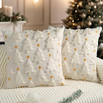 Artmag Christmas Pillow Covers 18 x 18 inch Set of 2 Cream White Christmas Tree Star Pillow Cases Soft Plush Faux Fur for Holiday Winter Home Coach Sofa Decorations