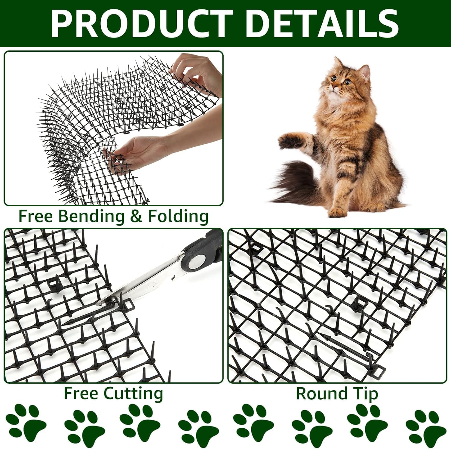 AKOLAFE Tappetino per gatti con 8 picchetti in metallo per esterni, 400 x 30 cm, anti punte, repellente per gatti, cani, volpi, deterrenti per scavare cani da giardino, gatti, volpi