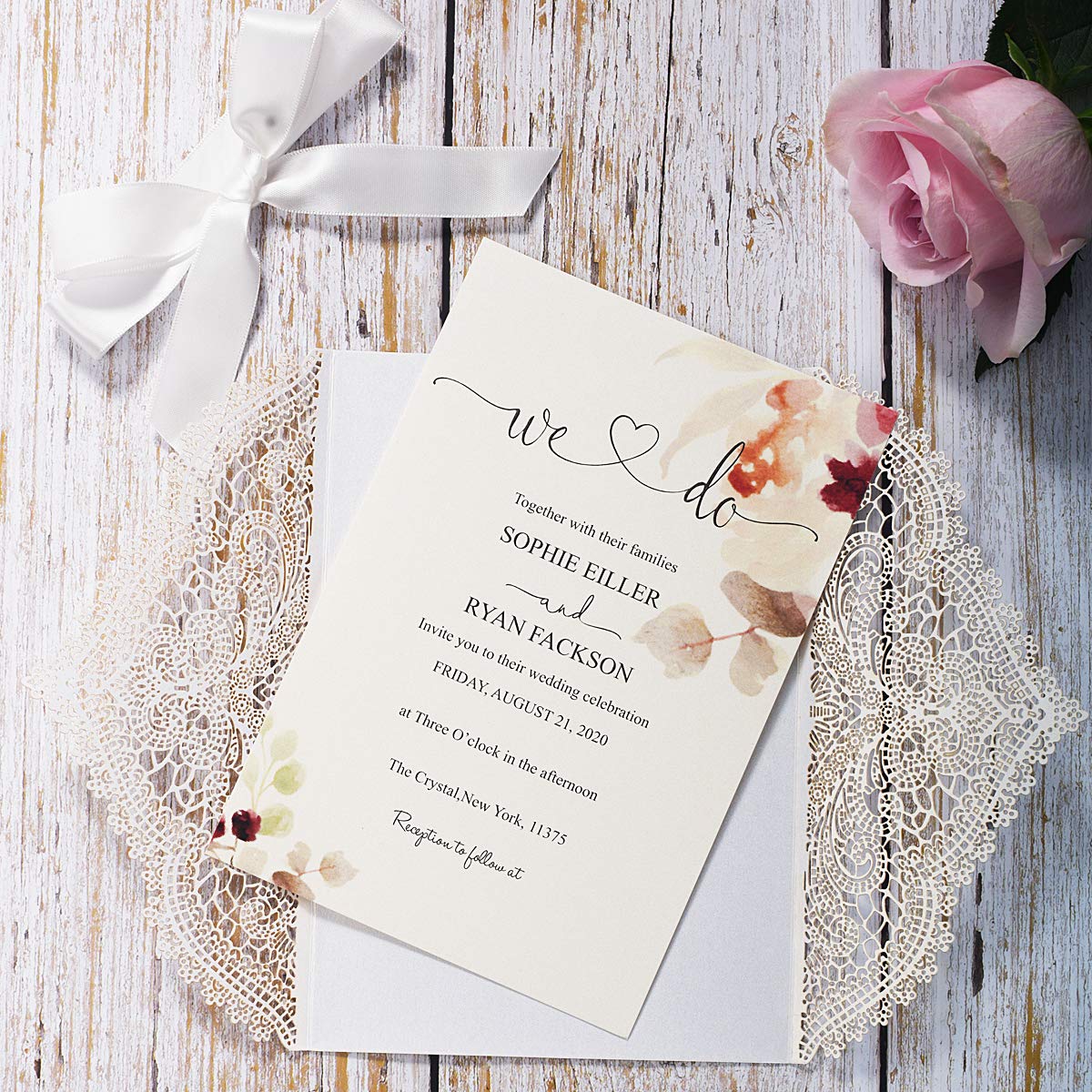 Tarjetas de invitación de encaje hueco, cortadas con láser, con hojas interiores de perlas y sobres, elegantes tarjetas de boda para despedidas de soltera, invitaciones de cumpleaños, 20 unidades