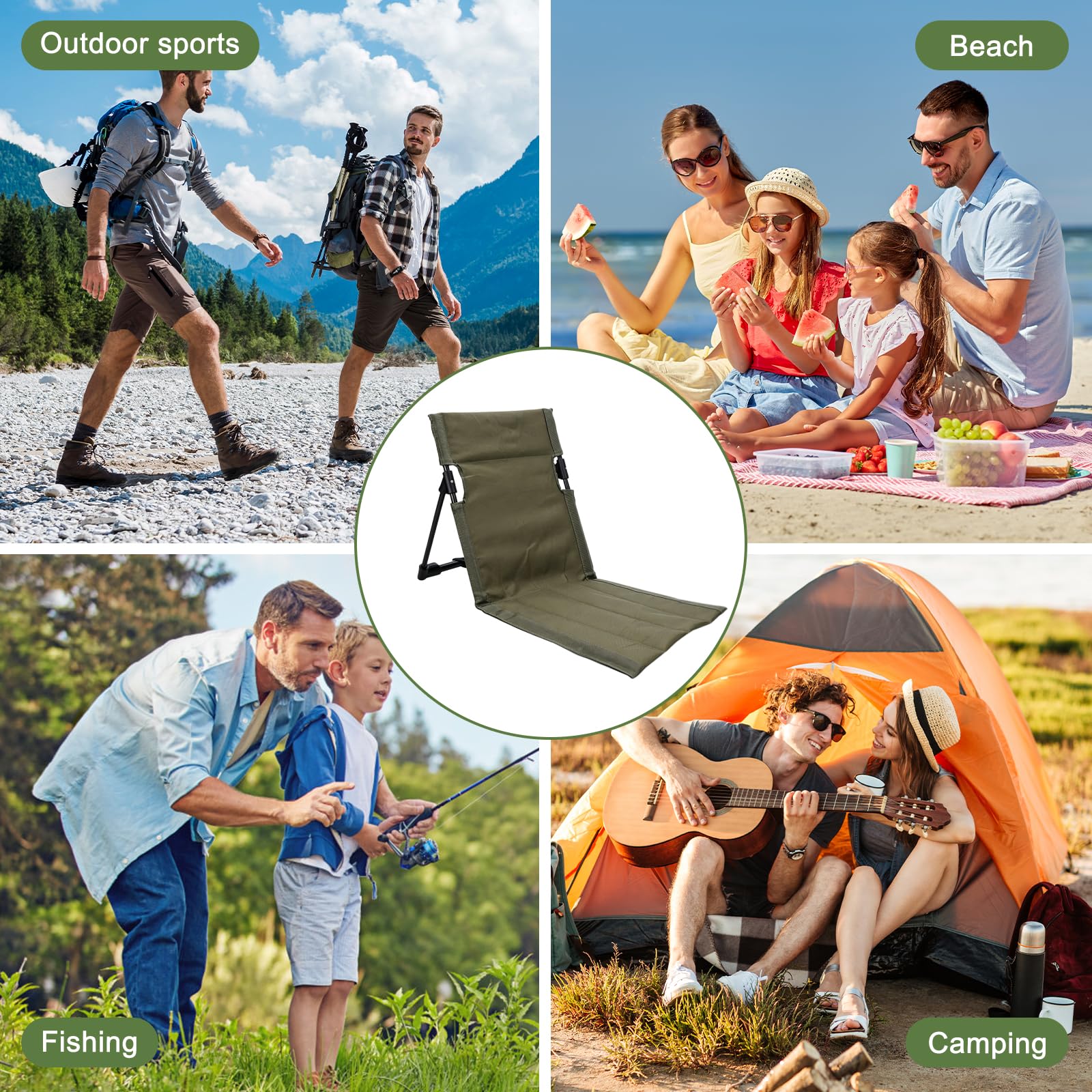 Sedia da spiaggia con schienale, cuscino pieghevole, per esterni, stadio, portatile, per meditazione, spiaggia, pieghevole, per picnic, giardino (verde)