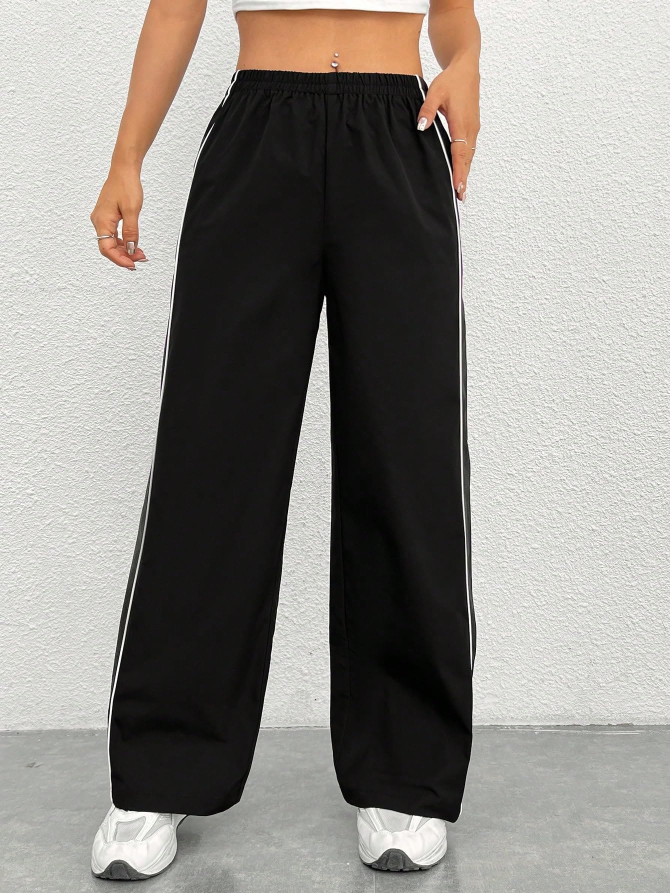 dormitorry Black Wide Leg Pants for Women with Contrast Side Stripe, High Waist Elastic Palazzo Trousers, Casual Sports Track Pants for Workout Gym Travel Lounge Streetwear Outfit (in, Alpha, S, Black)-picture-34