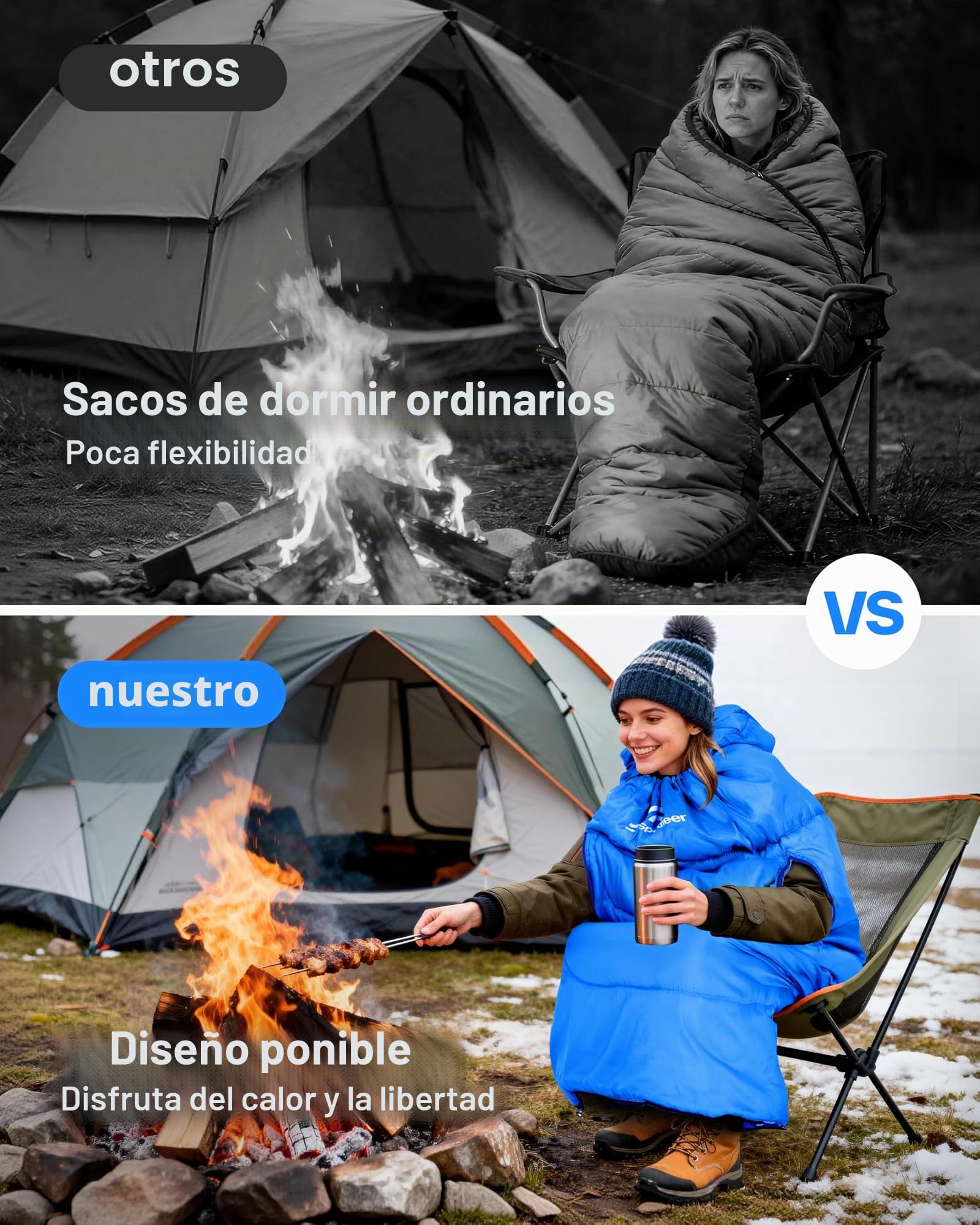 Sportneer Saco de Dormir portátil Adecuado para Las 4 Estaciones con Orificios con Cremallera para Brazos y pies Saco de Dormir Individual para Adultos para Senderismo y Viajes, 20 Grados, Azul