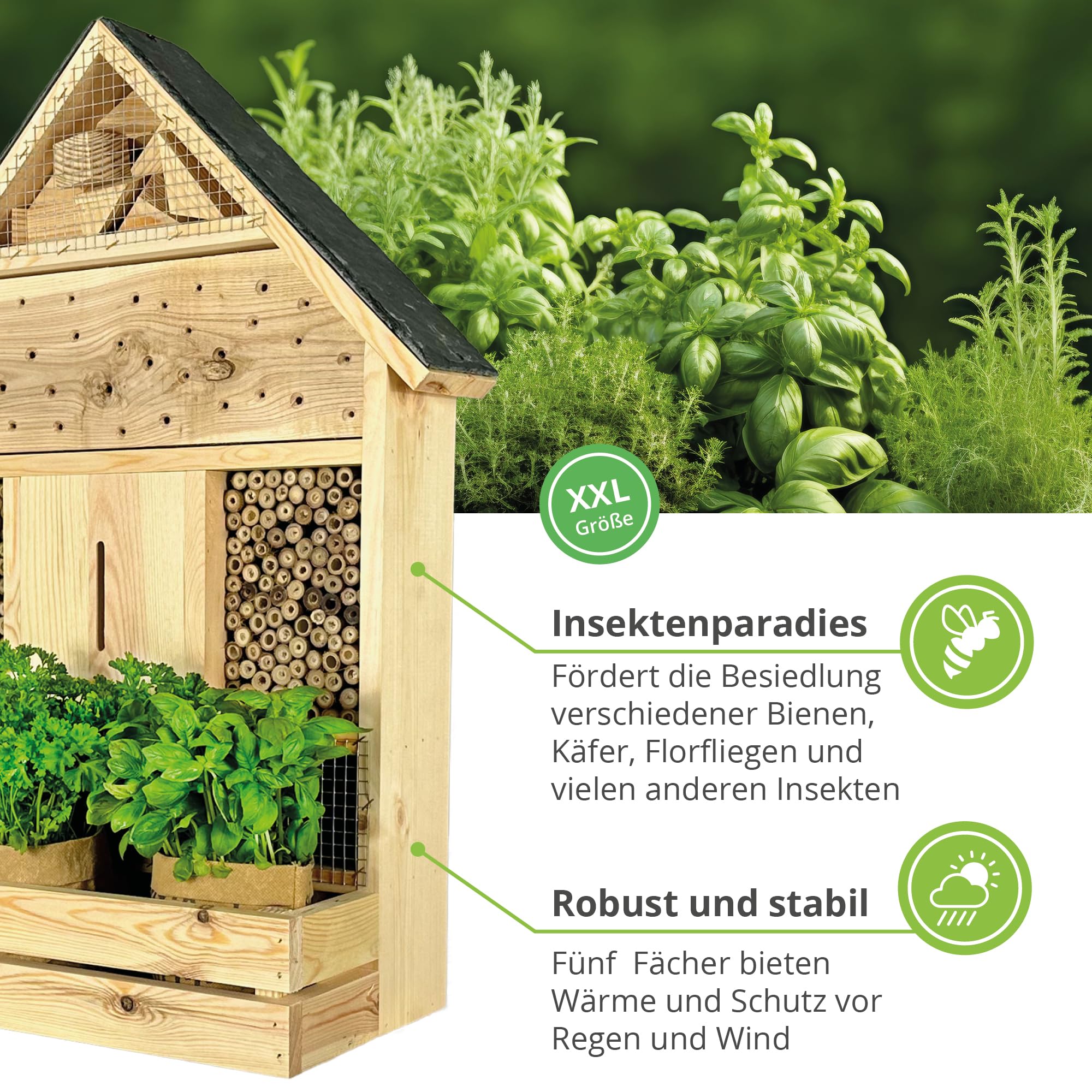 GARTENETAGE Stehendes Insektenhotel XXL mit Schieferdach und Pflanzenoase Kräuterparadies - inkl. Anzuchtset/Naturbelassenes, massives Insektenhaus & Bienenhotel/Insektenhotel zum Aufstellen